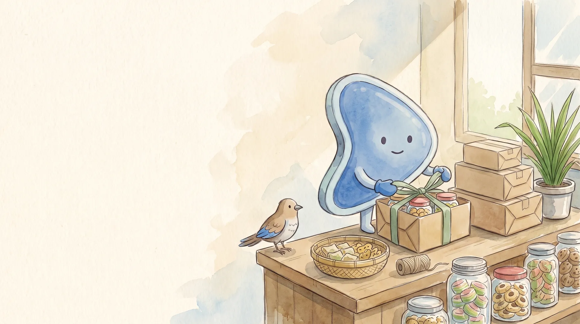 Watercolour illustration: EasyFound's blue mascot, Arrow, stands behind the counter of a small Malaysian home-made snack shop, tying a ribbon on a parcel of kuih jars beside a stack of boxes ready to post, while a small messenger bird waits on the counter.
