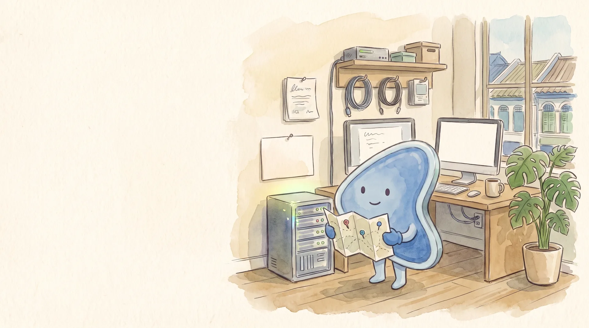 Watercolour illustration: EasyFound's blue mascot, Arrow, a small leaning guitar-pick-shaped character, stands in a small Malaysian office beside a server tower and a desk with two computers, studying a folded map marked with three pins, with a blank card pinned to the wall and shophouse rooftops outside the window.