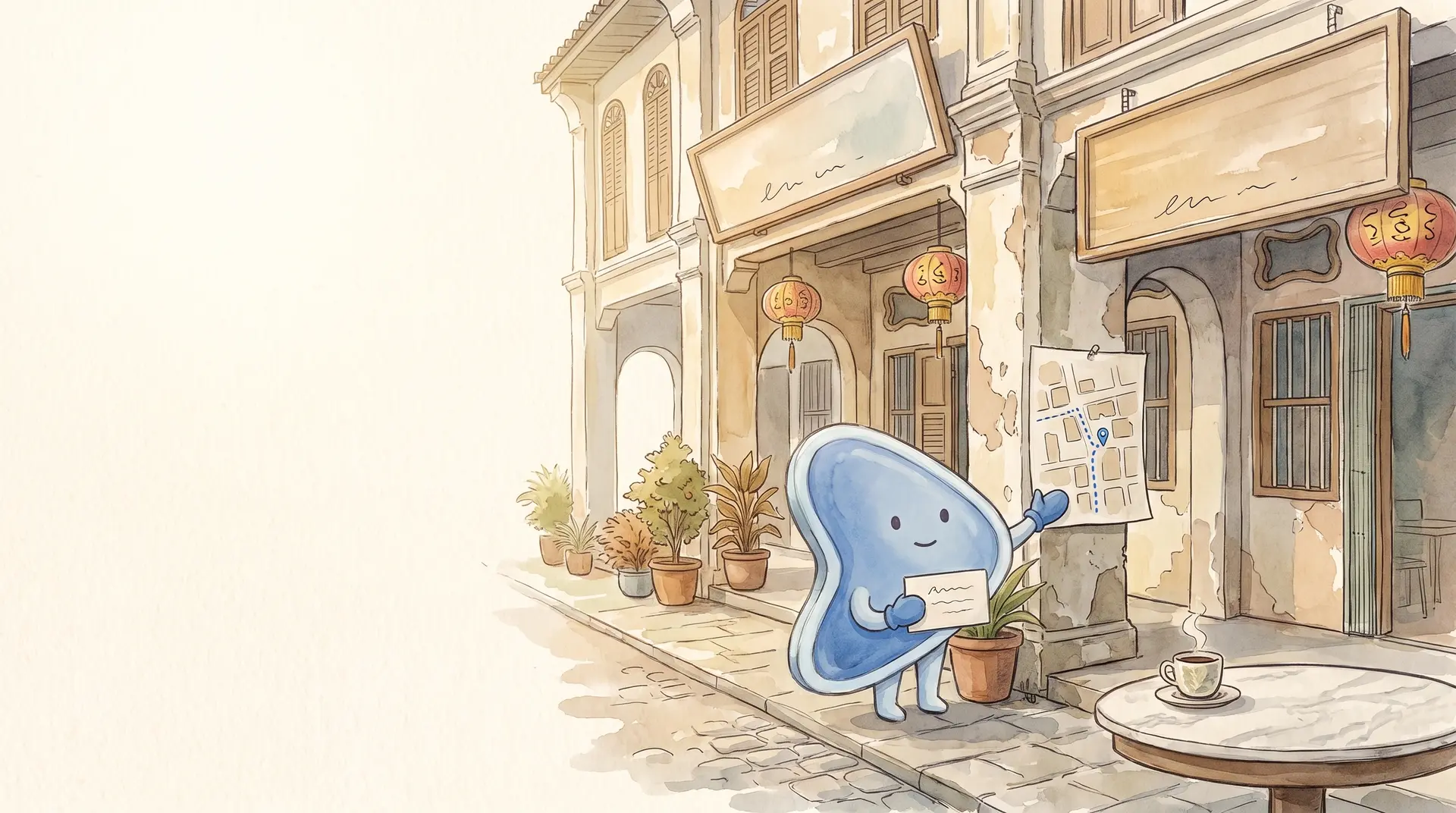 Watercolour illustration: EasyFound's blue mascot, Arrow, stands on an old Ipoh five-foot way between two shophouses with matching blank signboards, holding a name card and pointing to a street map pinned to a pillar.