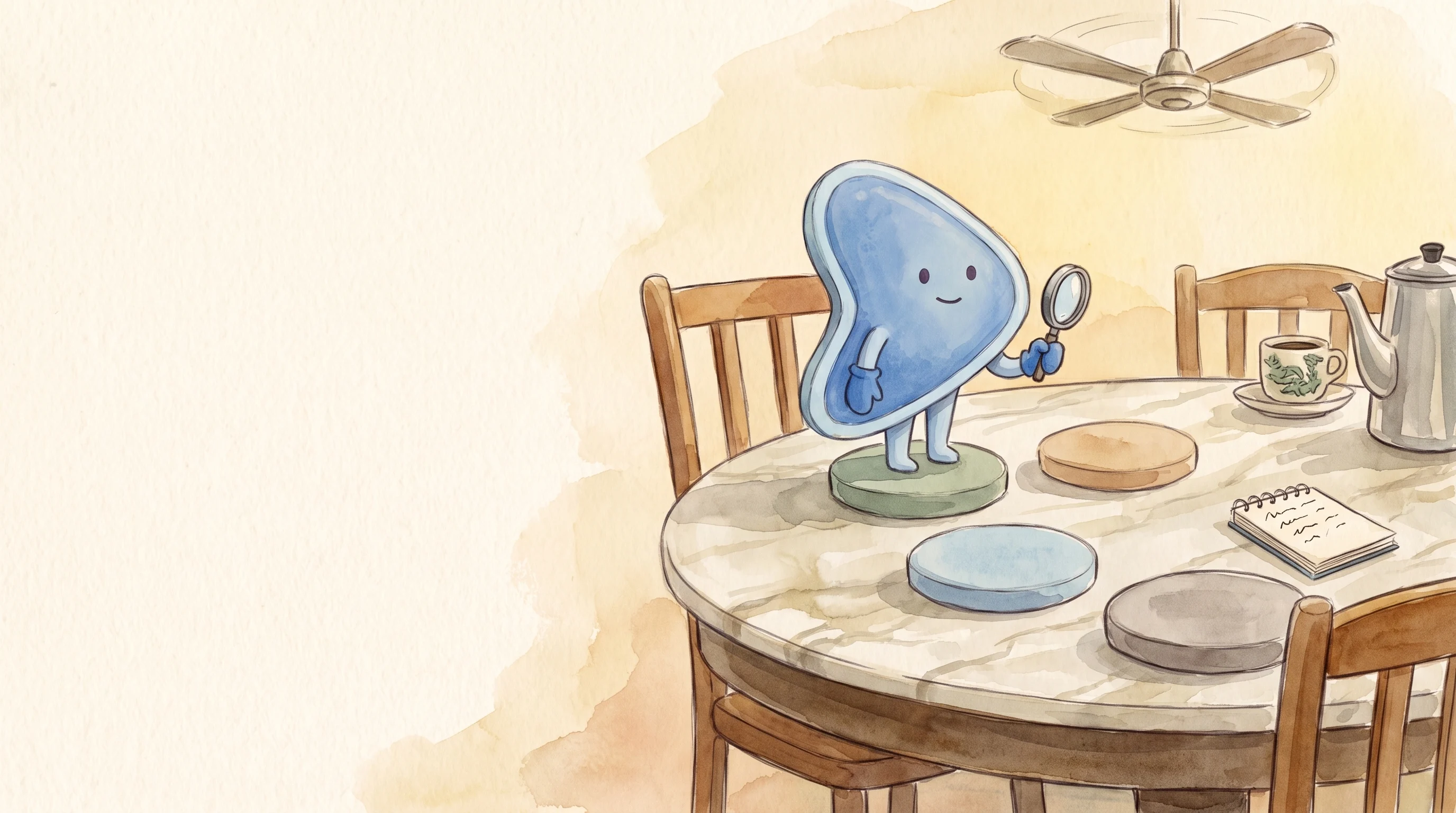 Watercolour illustration: EasyFound's blue mascot, Arrow, stands on the first of four round stepping stones on a kopitiam table, holding a magnifying glass, with a small notebook at the end of the path.