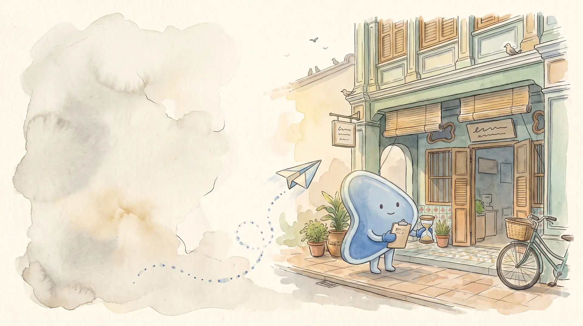 Watercolour illustration: EasyFound's blue mascot, Arrow, stands outside a freshly painted Malaysian shophouse holding a small hourglass, as a paper plane approaches along a dotted path.