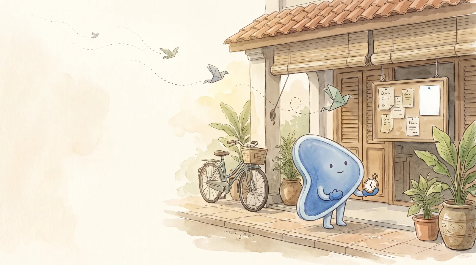Watercolour illustration: EasyFound's blue mascot, Arrow, stands outside a Malaysian shophouse holding a pocket watch, next to a notice board with one freshly pinned card, as paper birds fly towards it from far away.