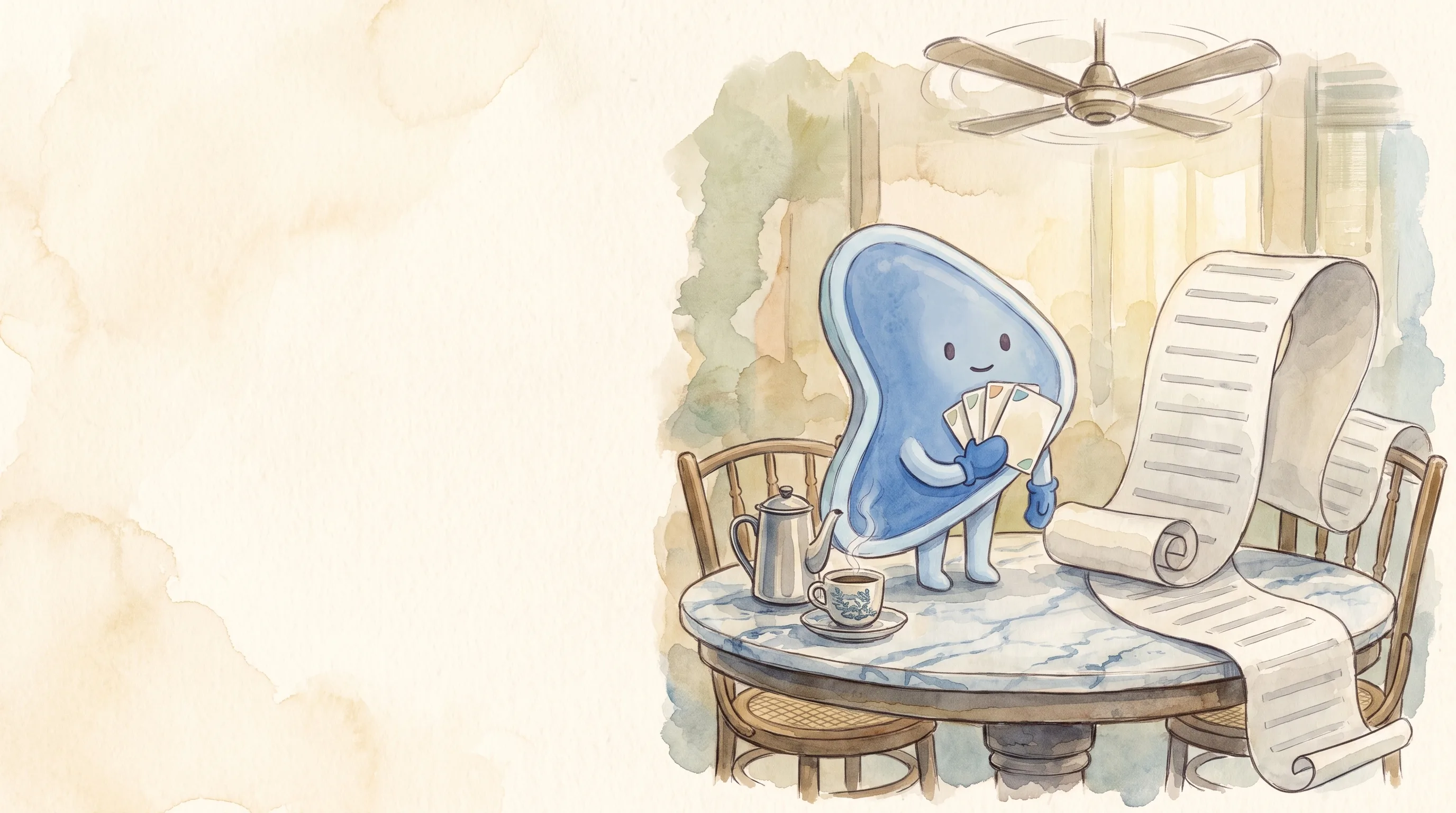 Watercolour illustration: EasyFound's blue mascot, Arrow, stands on a kopitiam table holding up a small fan of blank cards, while a long scroll of blank rows spills off the table beside it.