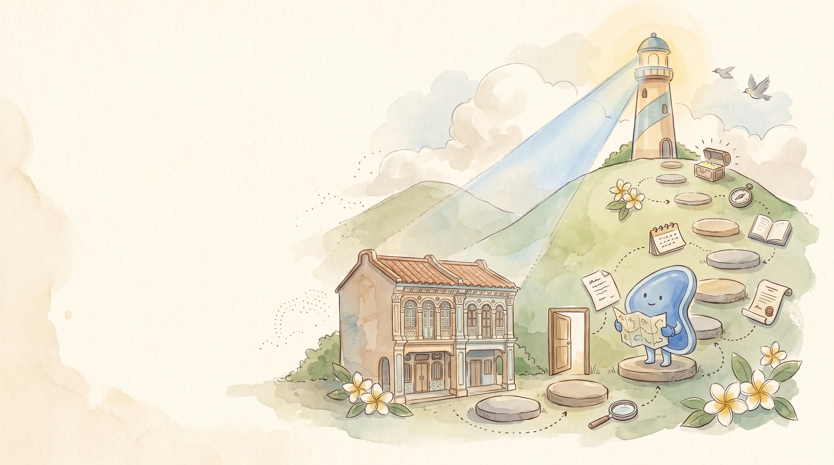 Watercolour illustration: EasyFound's blue mascot, Arrow, reads a map on a path of stepping stones that climbs a green hill from a Malaysian shophouse toward a glowing lighthouse.