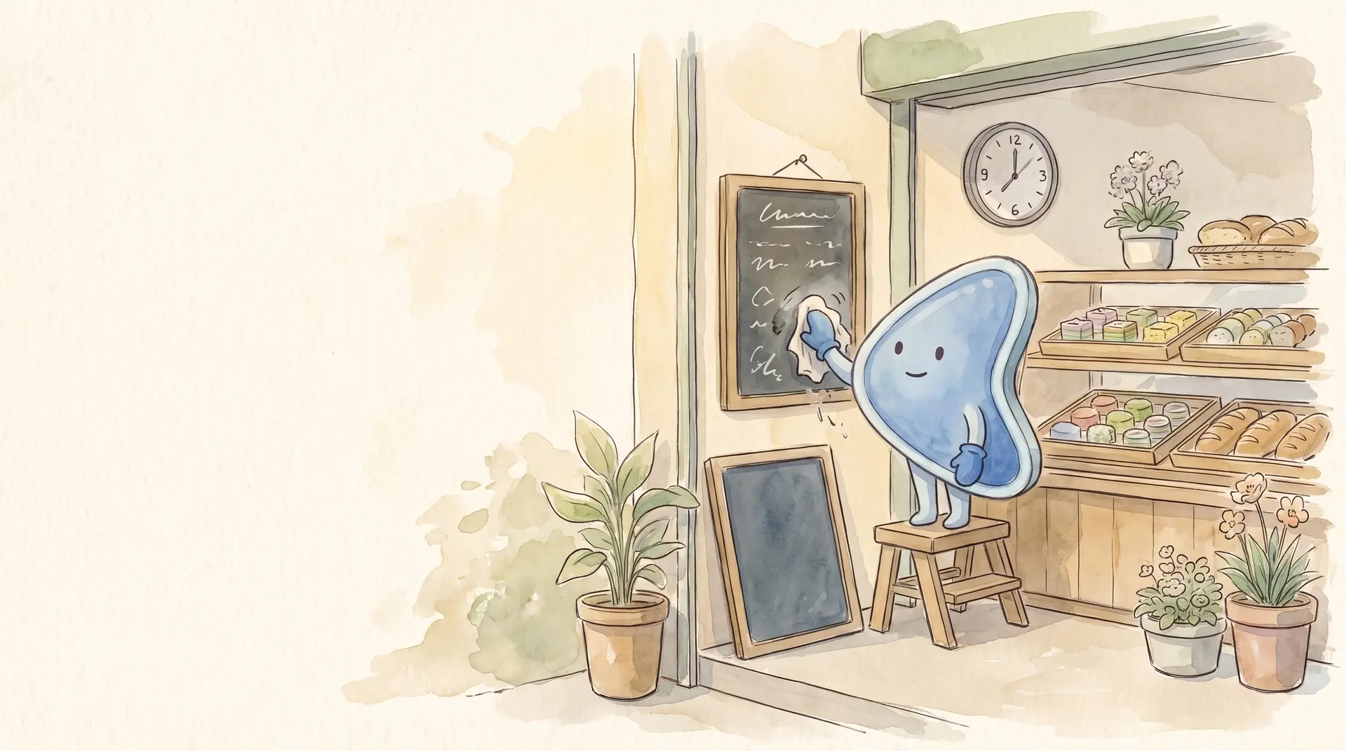 Watercolour illustration: EasyFound's blue mascot, Arrow, stands on a step stool in a small bakery wiping a chalkboard clean, with a fresh blank board leaning ready beside it.