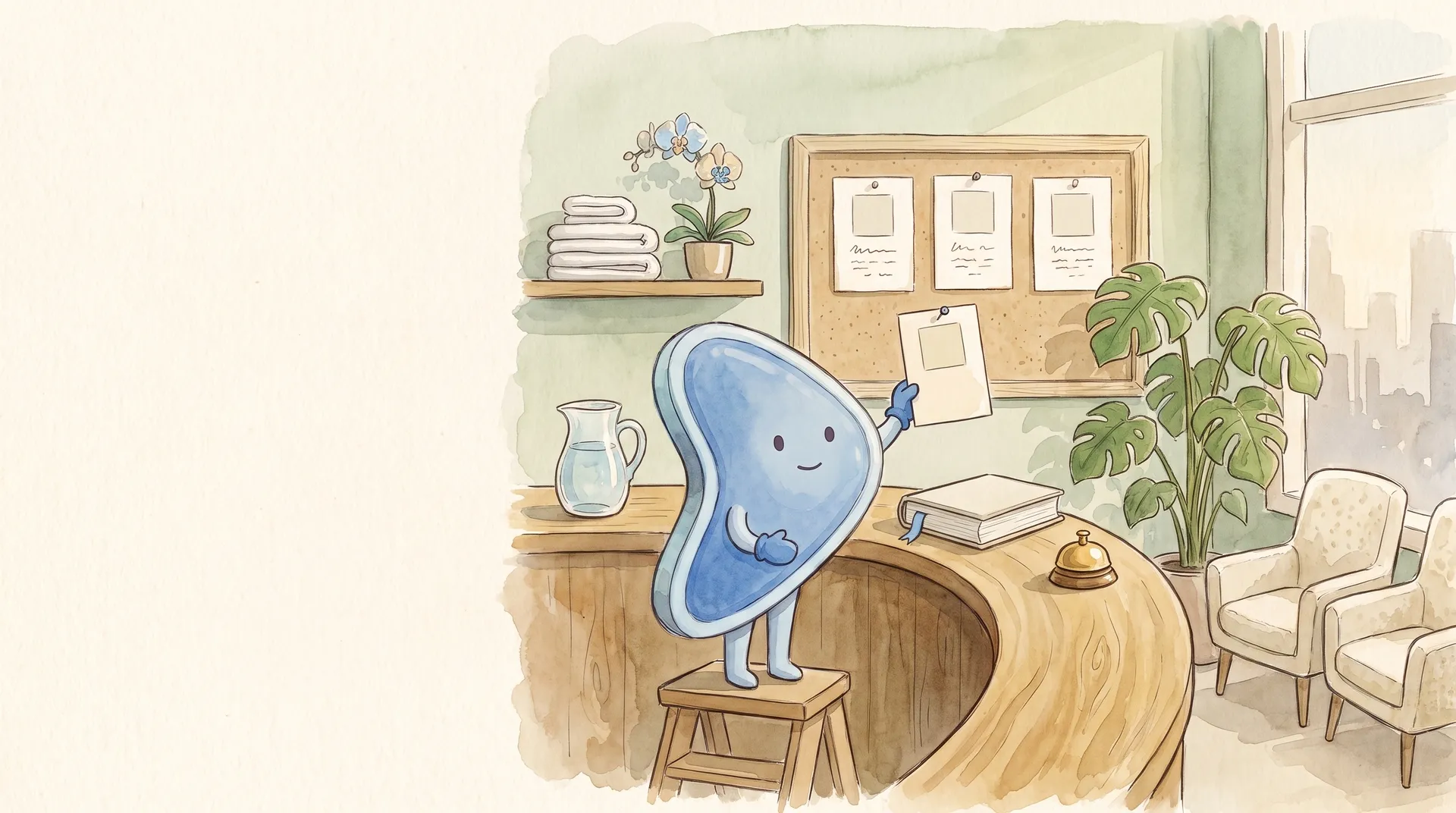 Watercolour illustration: EasyFound's blue mascot, Arrow, a small leaning guitar-pick-shaped character, stands on a step stool at a calm clinic reception desk and holds up a blank card towards a noticeboard of blank cards, beside a closed book and a desk bell.