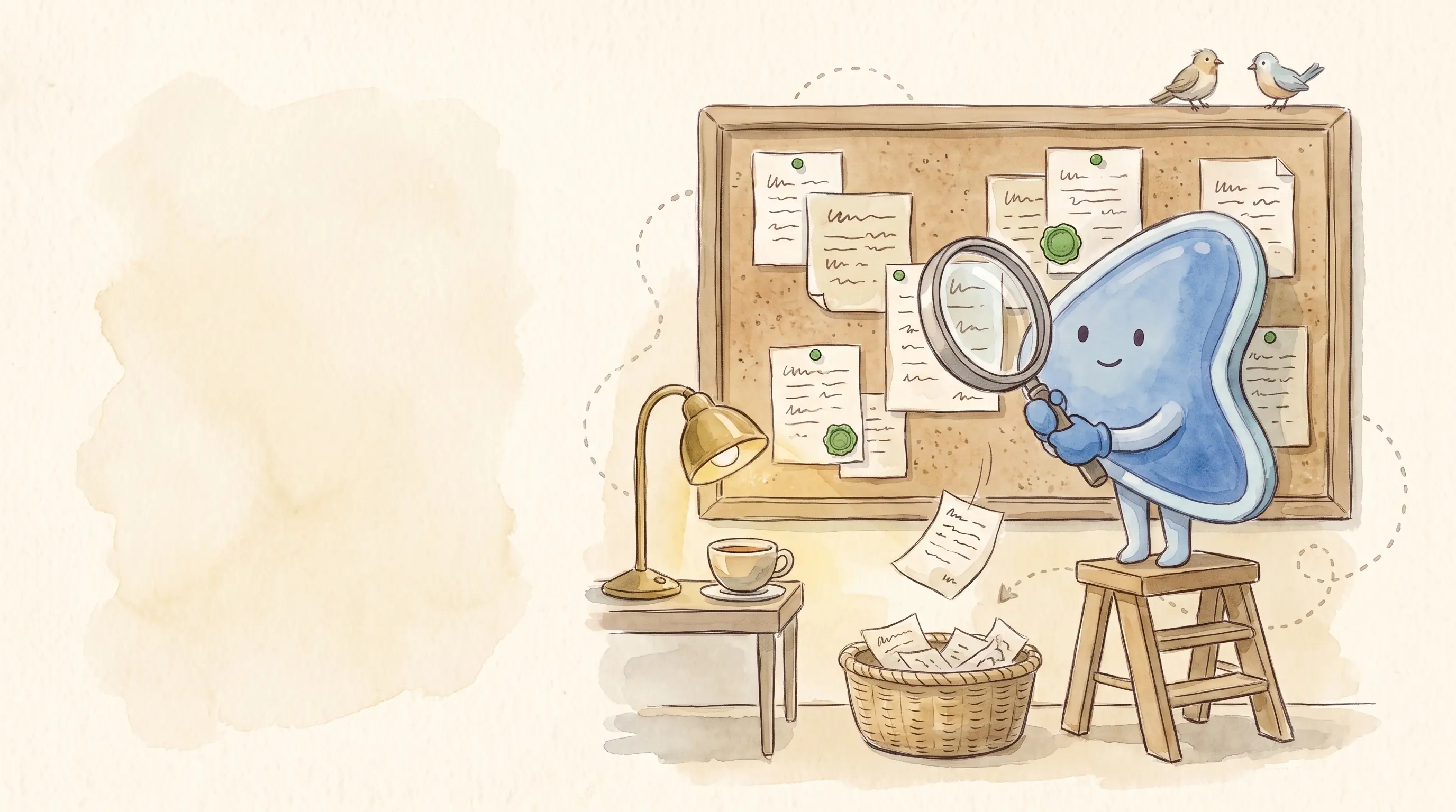 Watercolour illustration: EasyFound's blue mascot, Arrow, stands on a step stool with a magnifying glass, checking notes pinned to a corkboard; some carry green wax seals and others drift into a basket.
