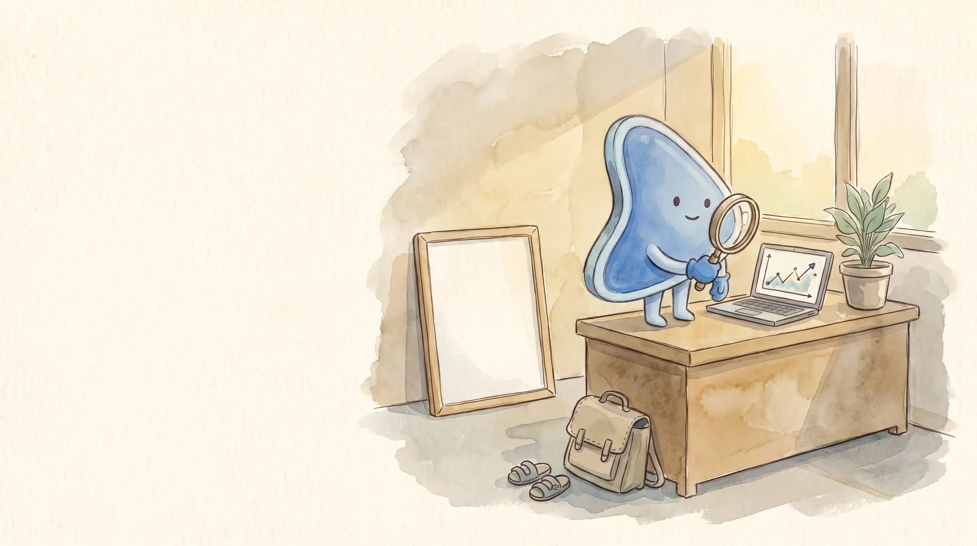 Watercolour illustration: EasyFound's blue mascot, Arrow, stands on the front desk of a tuition centre holding a magnifying glass up to a laptop showing a simple rising line chart, with a school bag and sandals by the door.