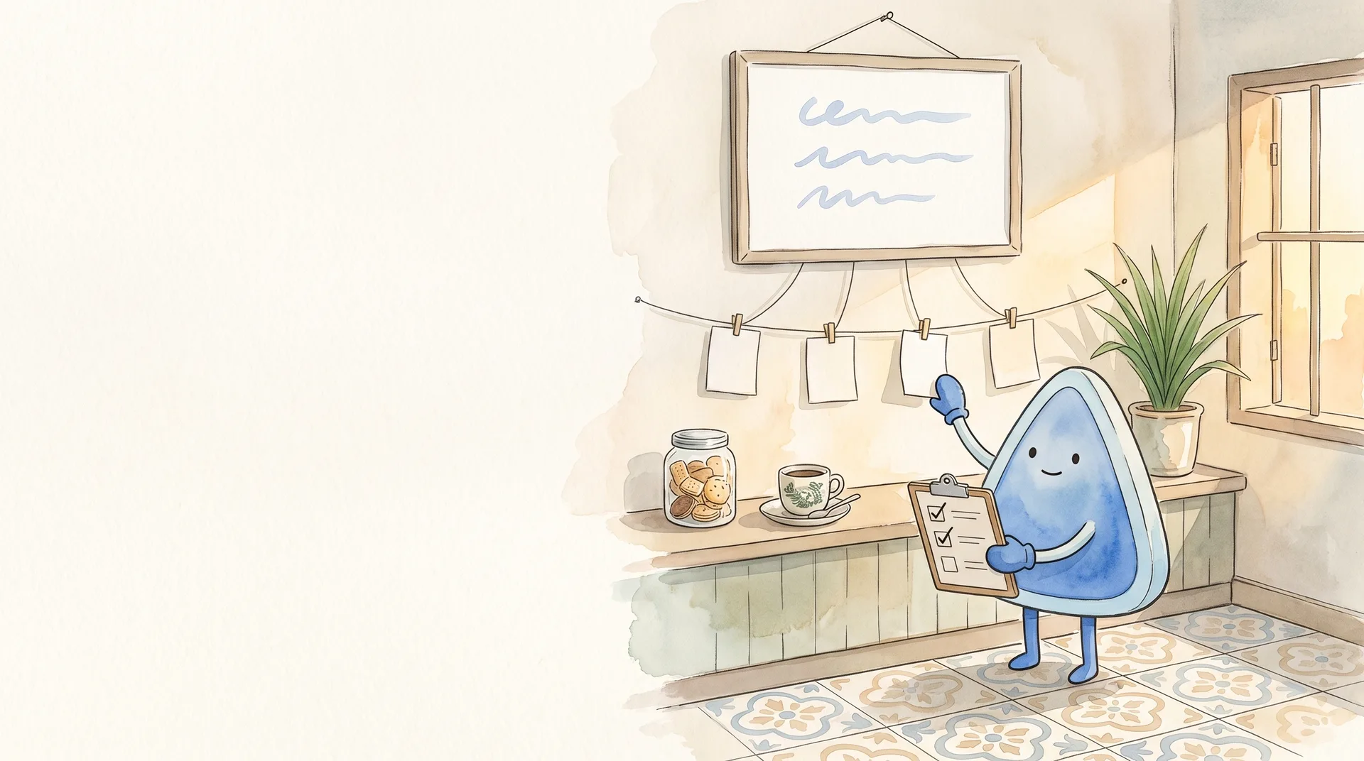 Watercolour illustration: EasyFound's blue mascot, Arrow, stands on the patterned tiles of a Malaysian kopitiam beside a counter with a kopi cup and a biscuit jar, holding a clipboard with two of three boxes ticked and reaching up to a line of blank paper slips that are tied by strings to a framed summary card on the wall.