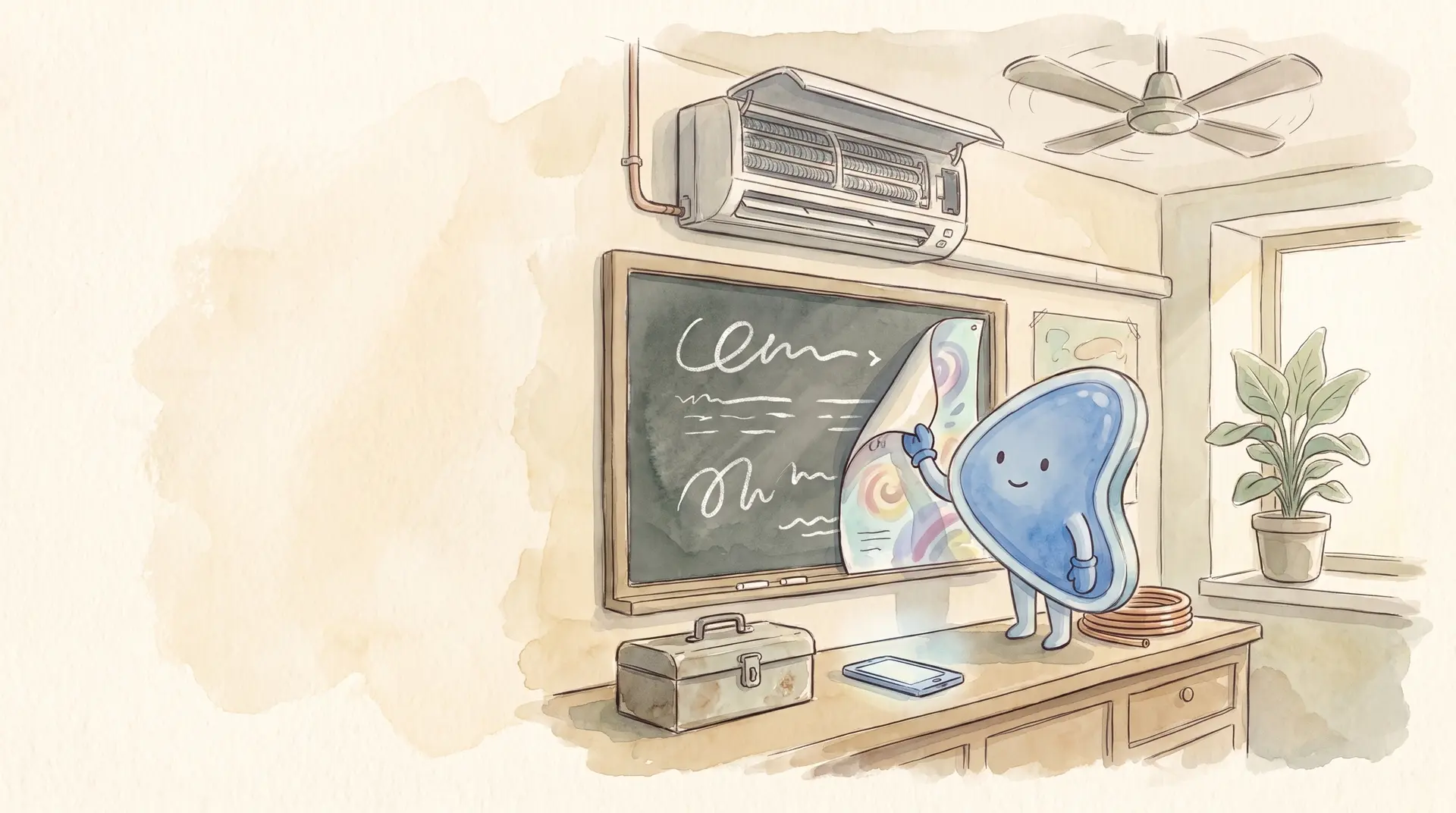 Watercolour illustration: EasyFound's blue mascot, Arrow, stands on the counter of a small aircon-servicing shop, peeling a glossy poster off a chalkboard to show plain written notes underneath, beneath a wall-mounted air-conditioner.
