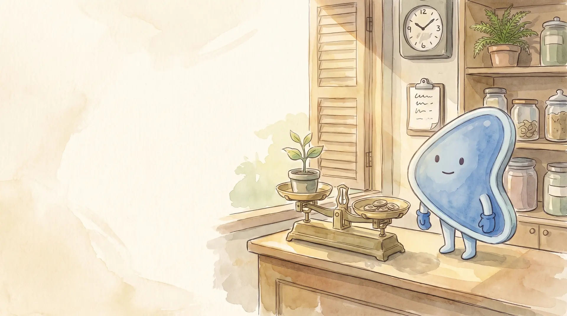 Watercolour illustration: EasyFound's blue mascot, Arrow, stands on the counter of a small Malaysian shop beside an old weighing scale that balances a potted seedling against a few coins.