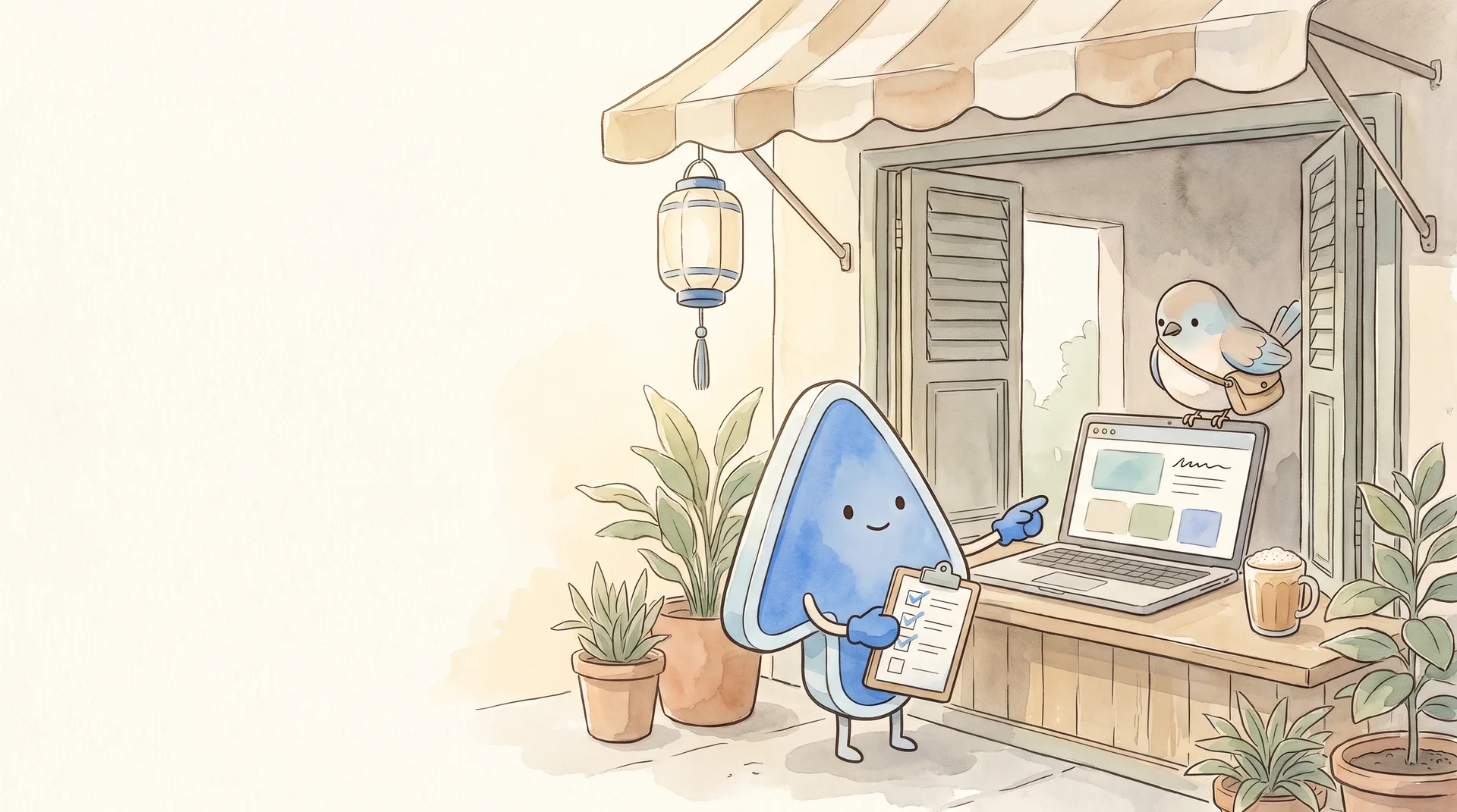 Watercolour illustration: EasyFound's blue mascot, Arrow, stands outside a small Malaysian shopfront holding a clipboard with three boxes ticked and one empty, pointing at a laptop on the counter while a small messenger bird with a satchel perches on the screen.