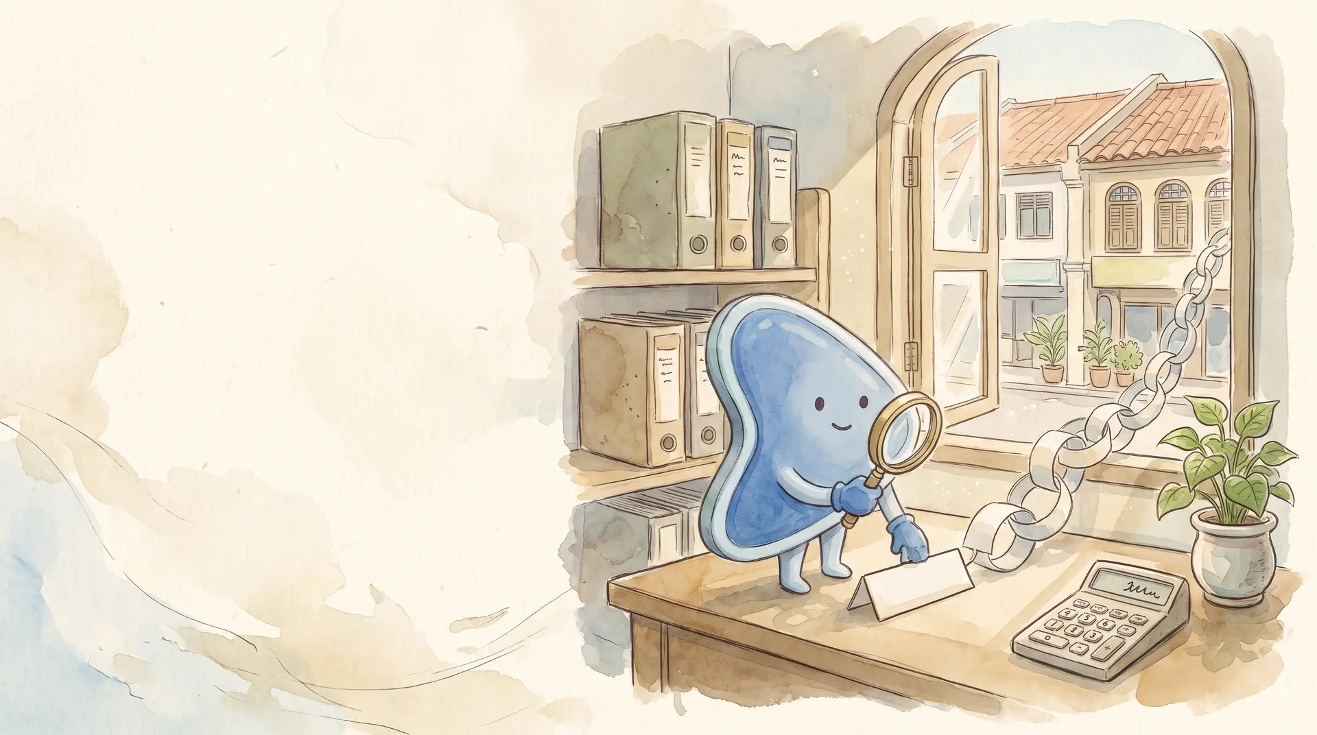 Watercolour illustration: EasyFound's blue mascot, Arrow, stands on an accountant's desk in a Kuala Lumpur shoplot, holding a magnifying glass between a blank name tag and a paper chain that trails out through the window.
