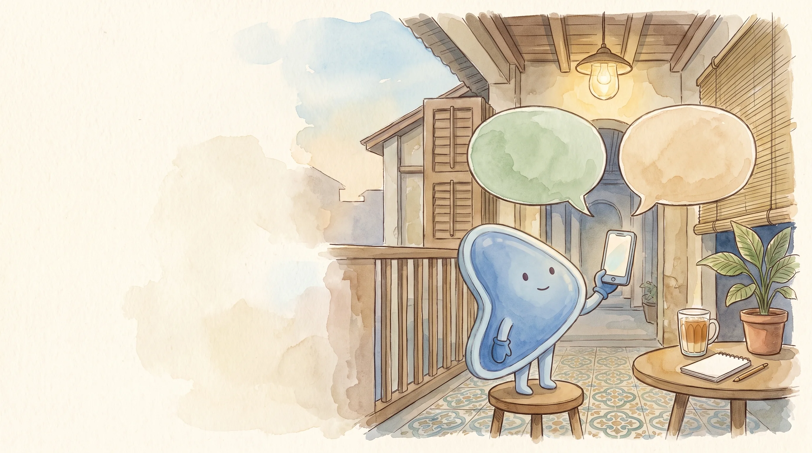 Ilustrasi cat air: maskot biru EasyFound, Arrow, berdiri di atas bangku kayu di kaki lima sebuah rumah kedai pada waktu senja dan mengangkat telefon di bawah dua belon percakapan kosong, satu hijau dan satu berwarna pasir.
