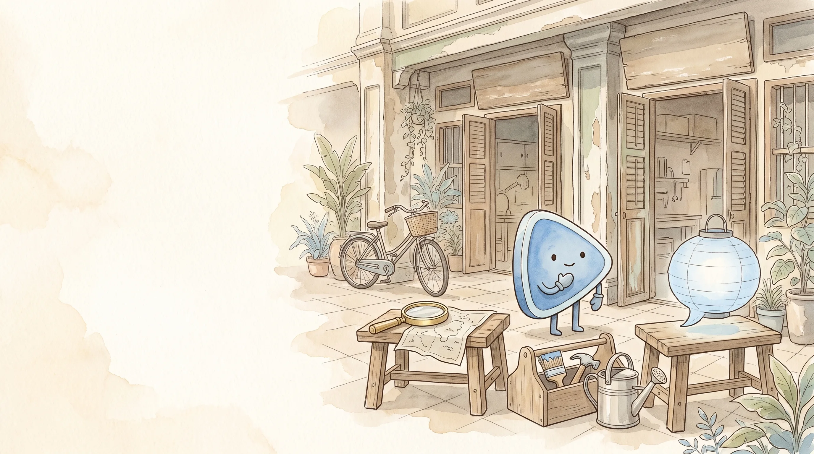 Watercolour illustration: EasyFound's blue mascot, Arrow, stands thinking outside two neighbouring Malaysian shophouse doorways, between a workbench with a magnifying glass and a map and a workbench with a glowing speech-bubble lantern, with one shared toolbox in the middle.