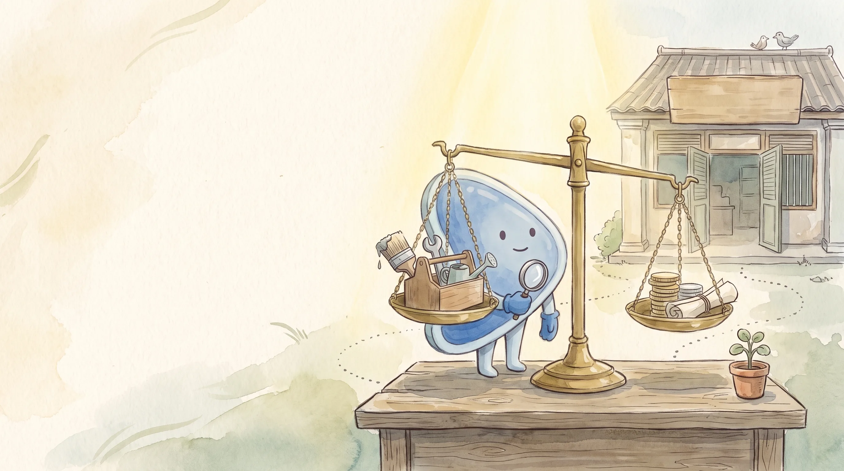 Watercolour illustration: EasyFound's blue mascot, Arrow, holds a magnifying glass beside a brass balance scale on a workbench, weighing a toolbox with a paintbrush and watering can against a stack of coins and a rolled paper scroll, with a small shopfront behind.