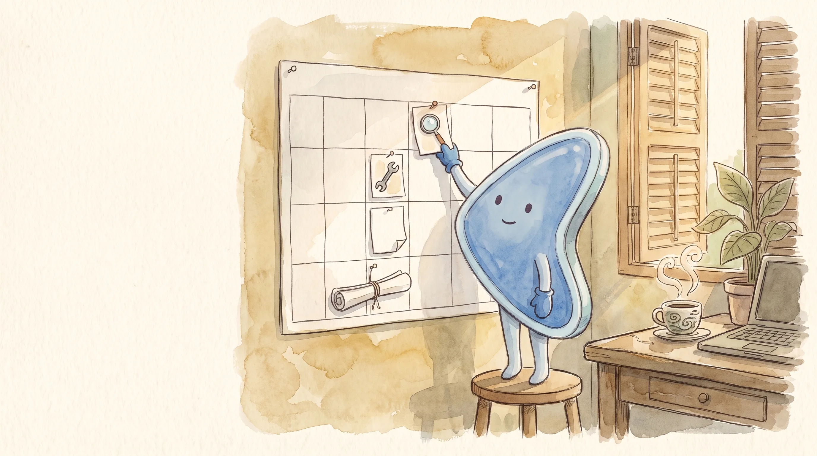 Watercolour illustration: EasyFound's blue mascot, Arrow, stands on a wooden stool in a small Malaysian shophouse office, pinning a magnifying-glass card onto a blank wall planner that also holds a spanner card, a blank sheet and a rolled report, beside a desk with a kopi cup and a laptop.