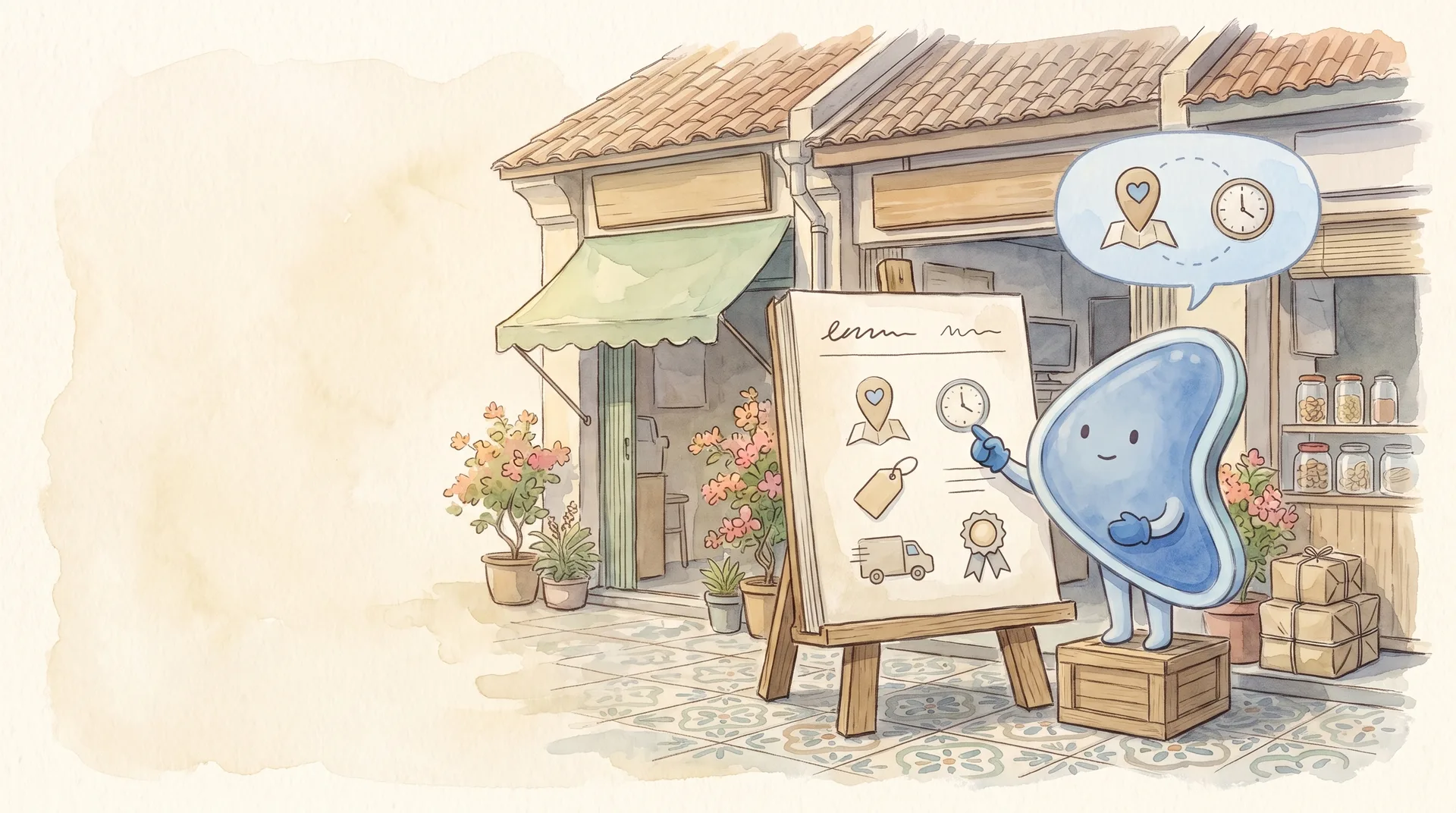 Watercolour illustration: EasyFound's blue mascot, Arrow, stands on a wooden crate in front of three small Malaysian shopfronts, pointing at a map pin and a clock drawn on a large easel page, while a speech bubble above repeats the same two symbols.