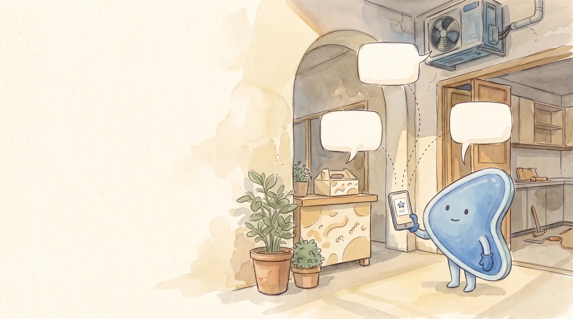 Watercolour illustration: EasyFound's blue mascot, Arrow, stands on a Klang Valley five-foot way holding up a phone with a small starred card, as three blank speech bubbles drift towards an air-conditioner unit, a cake box on a stall and a half-built kitchen.