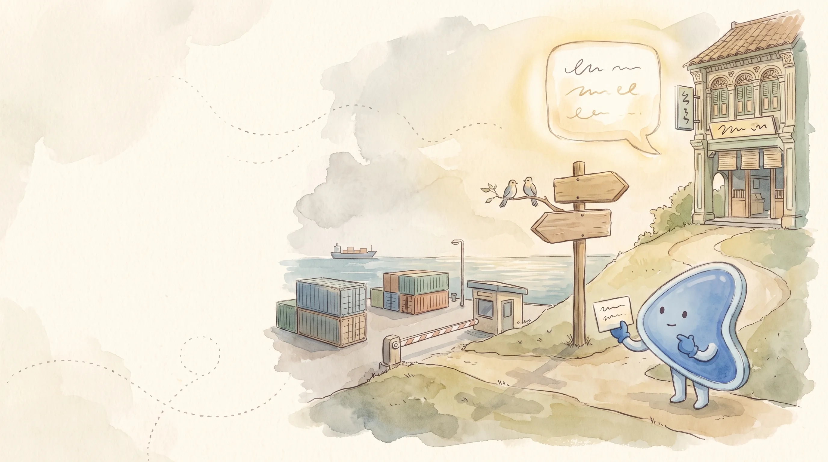 Watercolour illustration: EasyFound's blue mascot, Arrow, stands at a signpost where one path leads to a customs checkpoint with cargo containers and the other to a glowing chat window, holding a card with three blank letters.