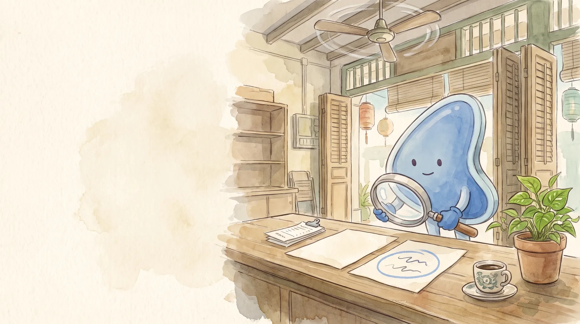 Watercolour illustration: EasyFound's blue mascot, Arrow, stands behind the wooden counter of a Malaysian shophouse holding a magnifying glass over two sheets of paper, one with a line circled in blue, beside a cup of kopi and a potted plant.