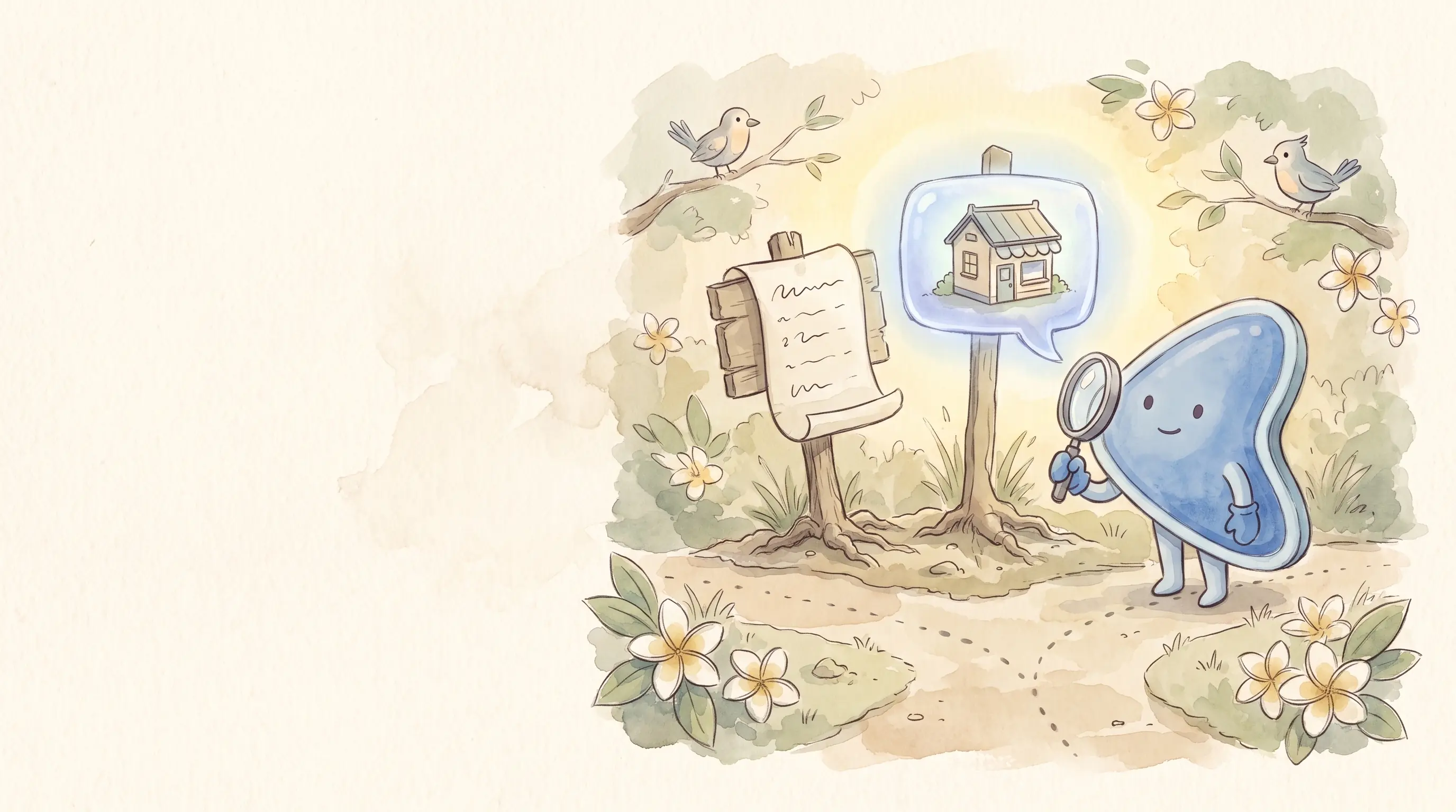 Watercolour illustration: EasyFound's blue mascot, Arrow, holds a magnifying glass up to a glowing speech bubble with a small shophouse inside, at a garden fork where it and a signpost with a paper list grow from the same roots.