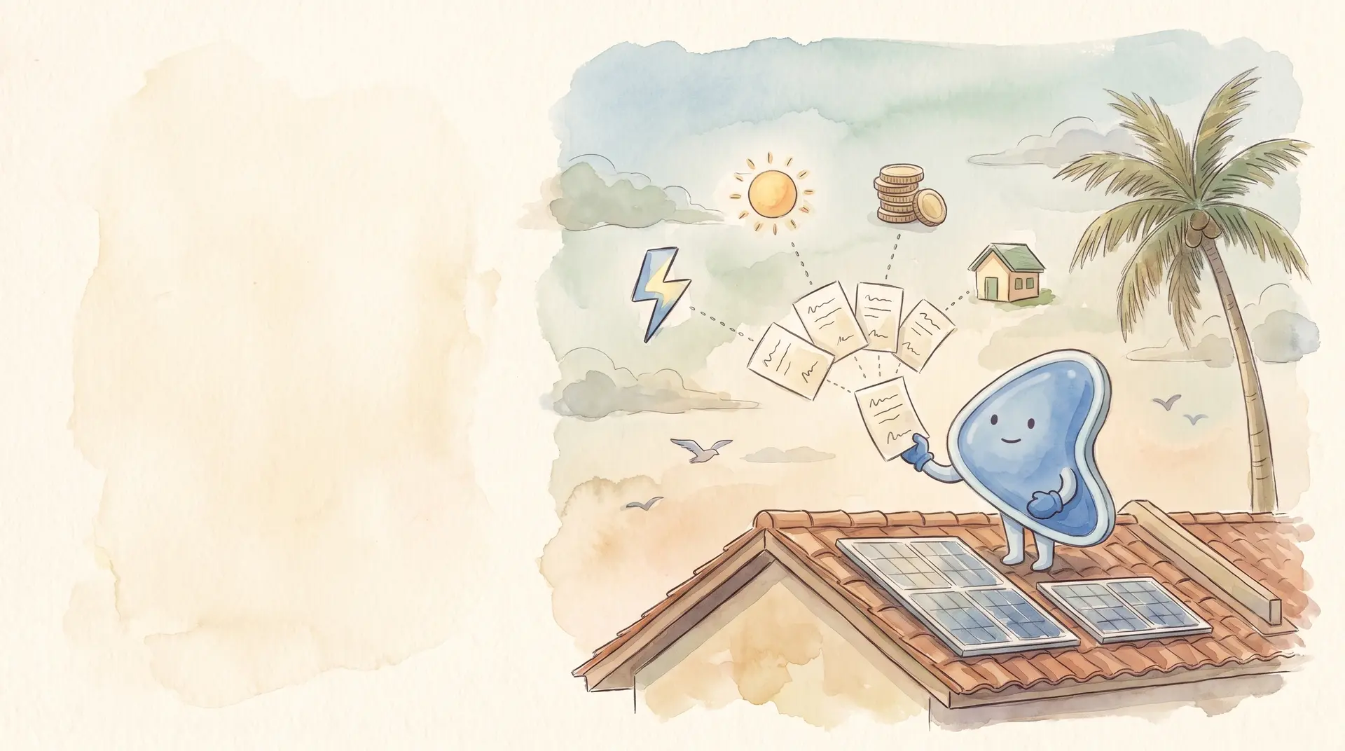 Watercolour illustration: EasyFound's blue mascot, Arrow, stands beside solar panels on a Malaysian terrace-house roof, holding up one paper slip while a fan of smaller slips spreads out towards a lightning bolt, the sun, a stack of coins and a small house.