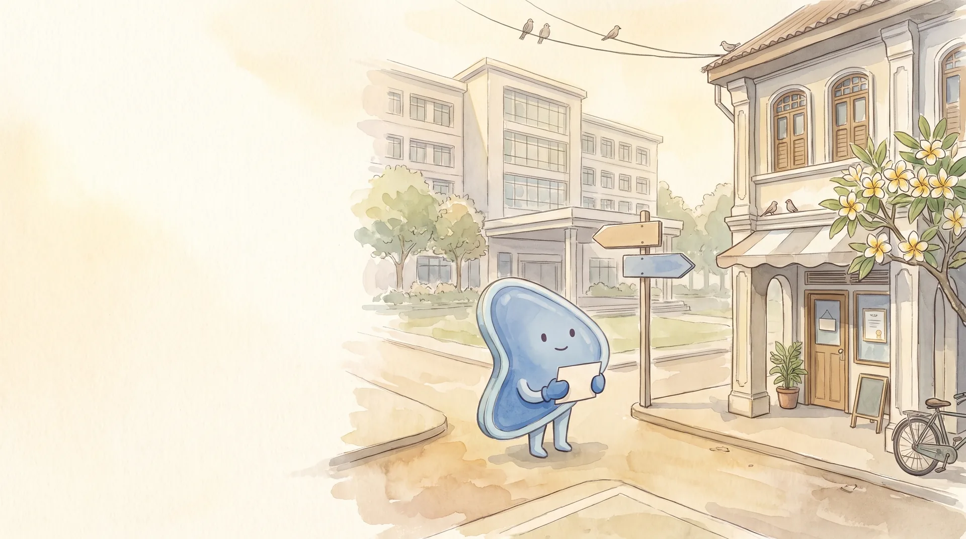 Watercolour illustration: EasyFound's blue mascot, Arrow, a small leaning guitar-pick-shaped character, stands at a street fork in a Malaysian town holding a blank card, between a large pale hospital building down one road and a small shophouse clinic with a blank framed certificate in its window, under a blank two-way signpost.
