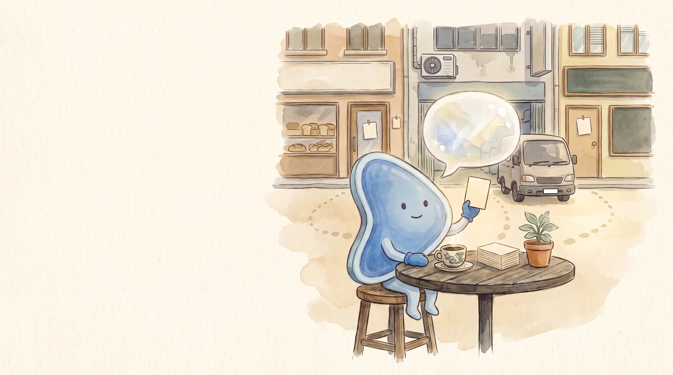 Watercolour illustration: EasyFound's blue mascot, Arrow, sits at a kopitiam table with a stack of question cards, holding one up toward a glowing speech bubble, in front of a bakery, an aircon workshop with a van and a tuition centre.