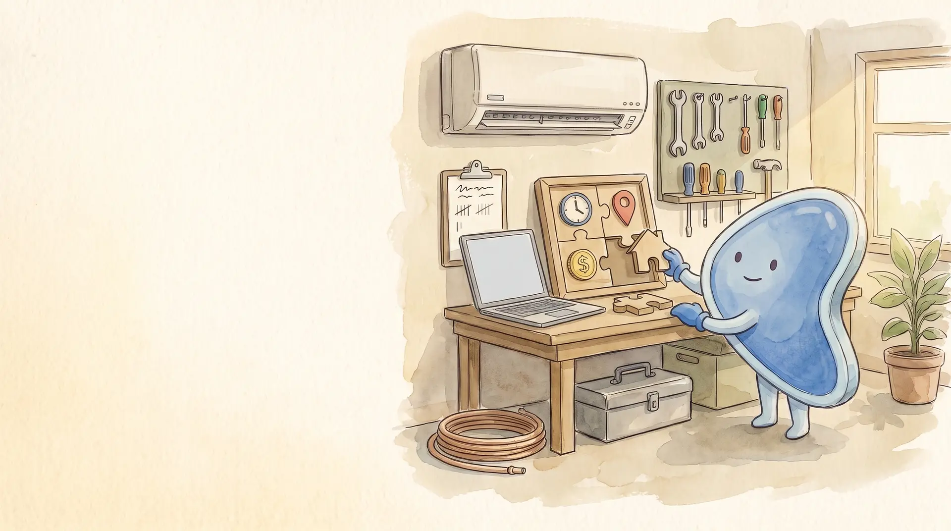 Watercolour illustration: EasyFound's blue mascot, Arrow, stands at a workbench in a small aircon service shop fitting wooden puzzle pieces shaped like a house, a clock, a map pin and a coin into a frame, beside a laptop.