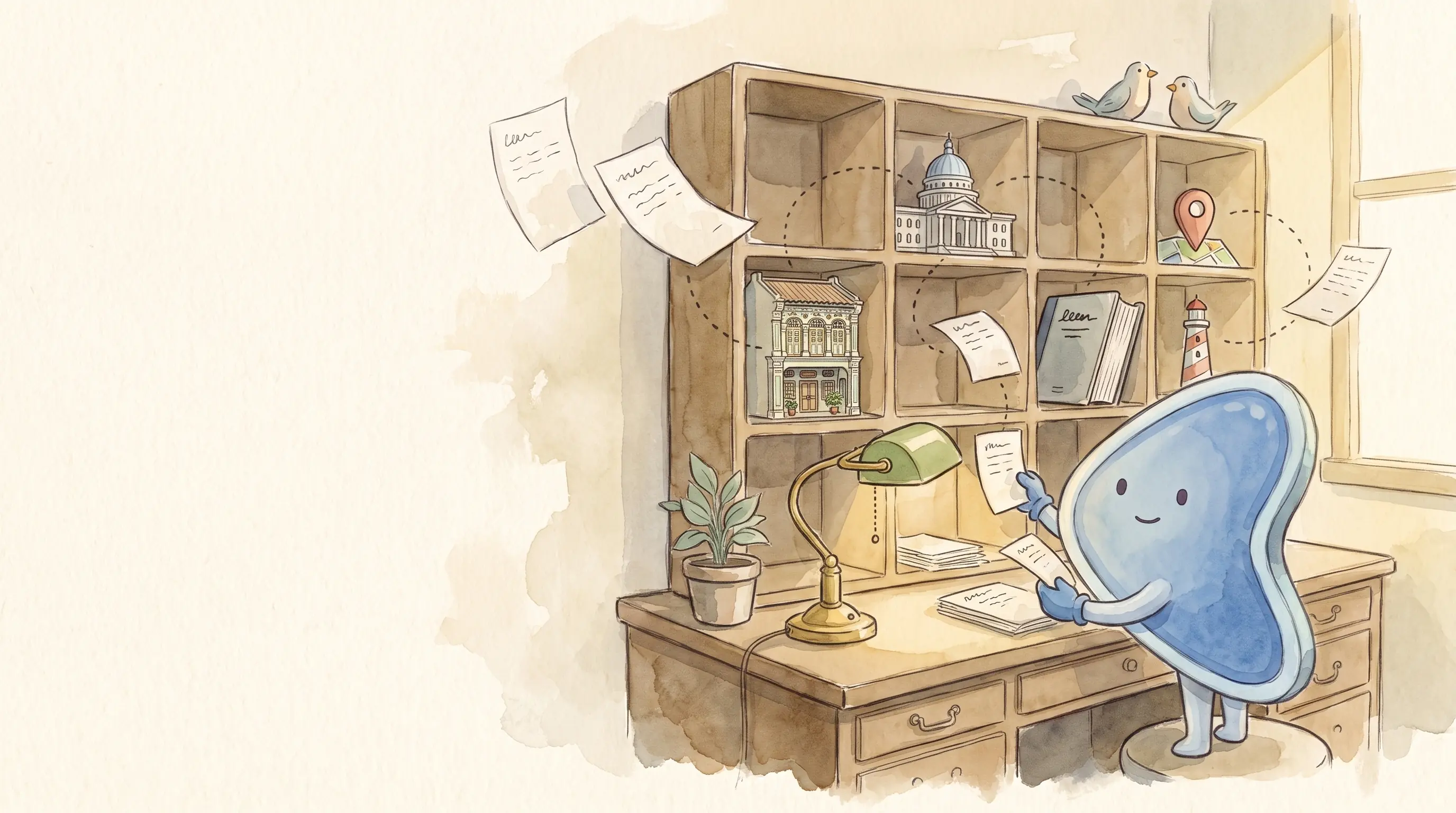 Watercolour illustration: EasyFound's blue mascot, Arrow, sorts floating paper slips into a wall of pigeonholes holding a tiny shophouse, a domed government building, a directory book, a map pin and a lighthouse.
