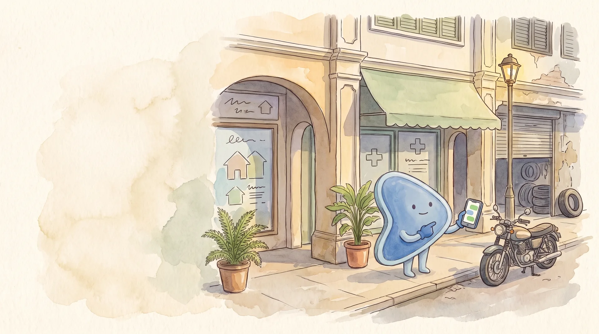 Watercolour illustration: EasyFound's blue mascot, Arrow, a small leaning guitar-pick-shaped character, stands on a five-foot-way in front of a row of shophouses, a property agency, a clinic and a tyre workshop, holding out a small phone with blank chat bubbles and pointing towards the shops.