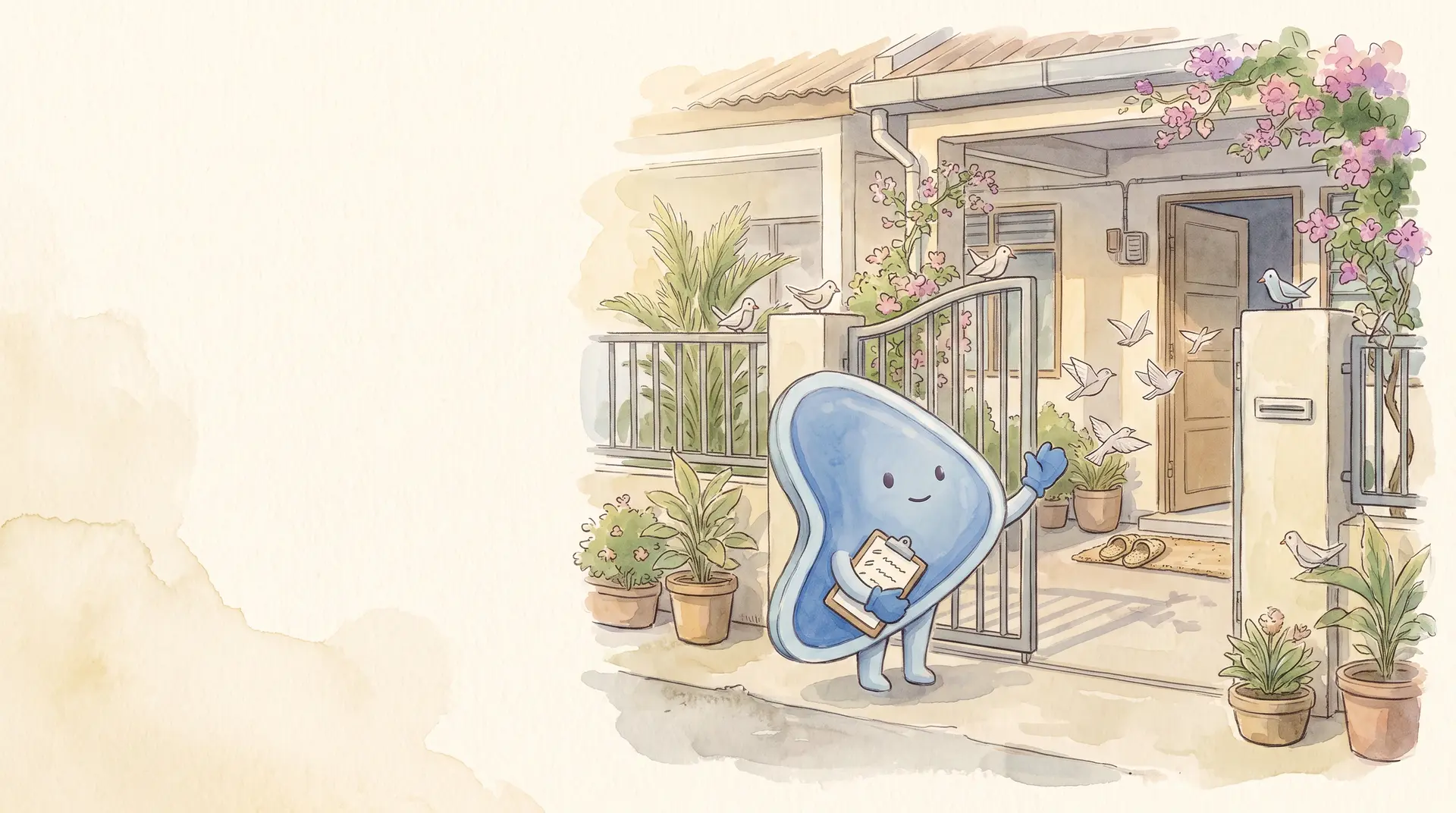 Watercolour illustration: EasyFound's blue mascot, Arrow, stands at the open gate of a Malaysian terrace house waving small paper birds through towards the front door, while others wait on the fence.