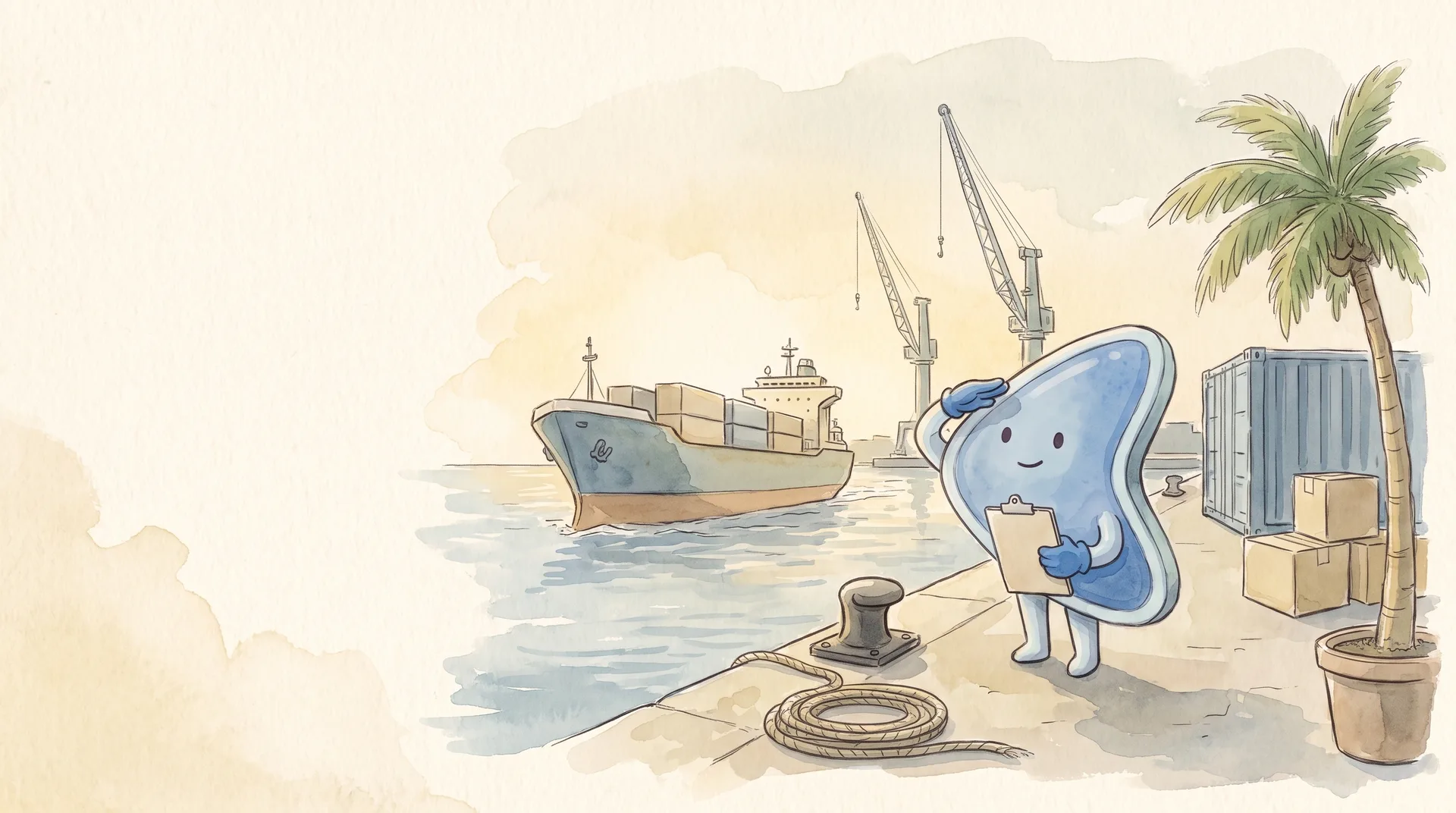 Watercolour illustration: EasyFound's blue mascot, Arrow, stands on a quay beside stacked shipping cartons and a small container, holding a clipboard and looking out at a cargo ship heading for harbour cranes.