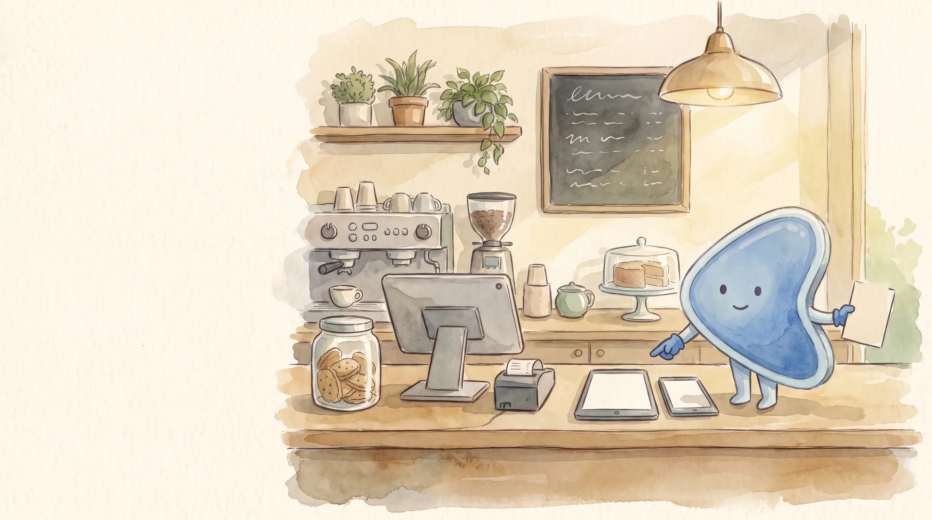 Watercolour illustration: EasyFound's blue mascot, Arrow, a small leaning guitar-pick-shaped character, stands on the wooden counter of a cosy café beside a till, a receipt printer and a coffee machine, pointing at two blank tablet screens as if comparing POS systems, with a blank menu card in its other hand.