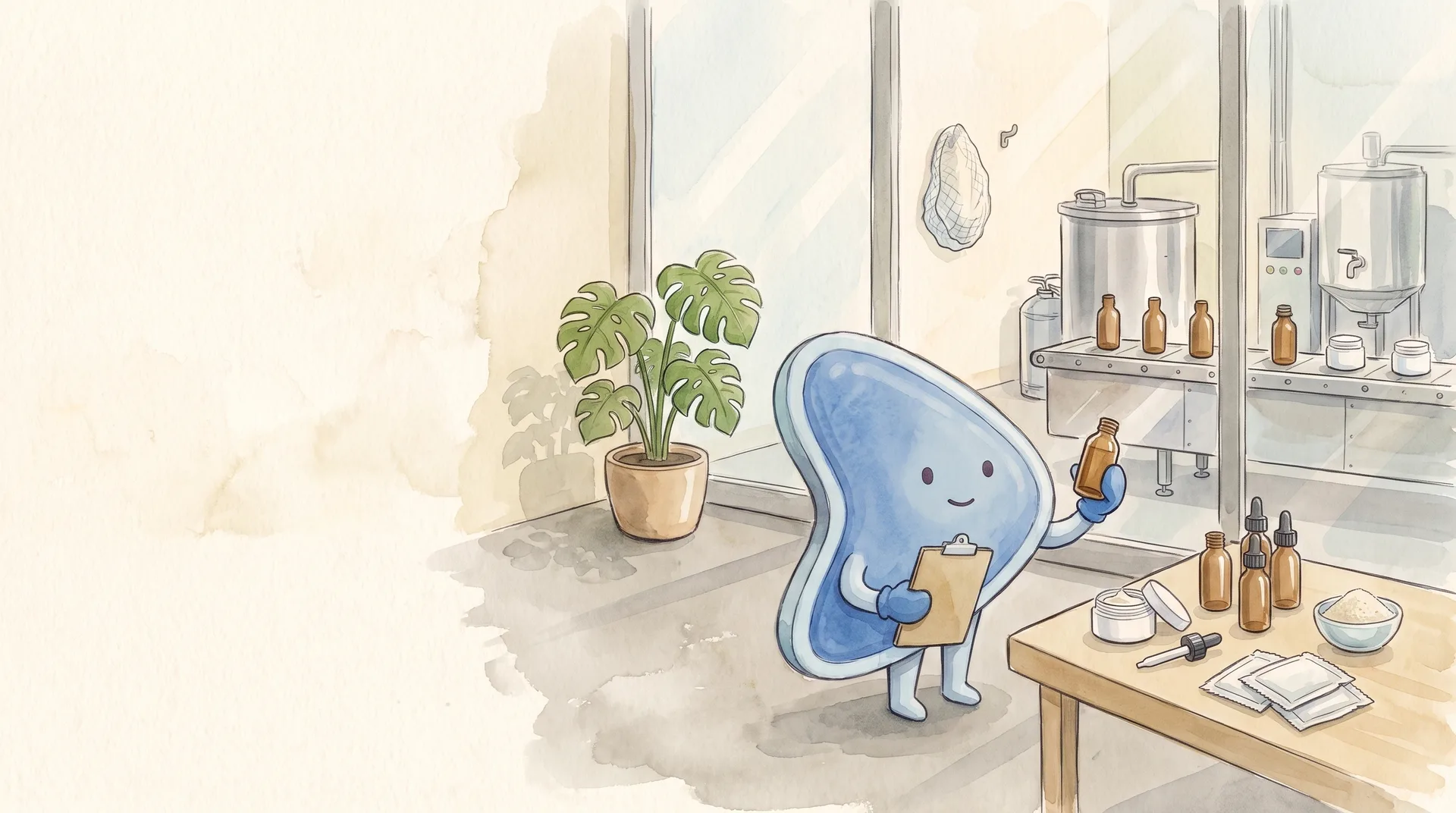 Watercolour illustration: EasyFound's blue mascot Arrow, a leaning guitar-pick-shaped character, stands in a small cosmetics and supplement factory holding up an amber sample bottle and a clipboard, beside a table of serum bottles, a cream jar and supplement sachets, with a filling line and mixing tank behind a glass window.