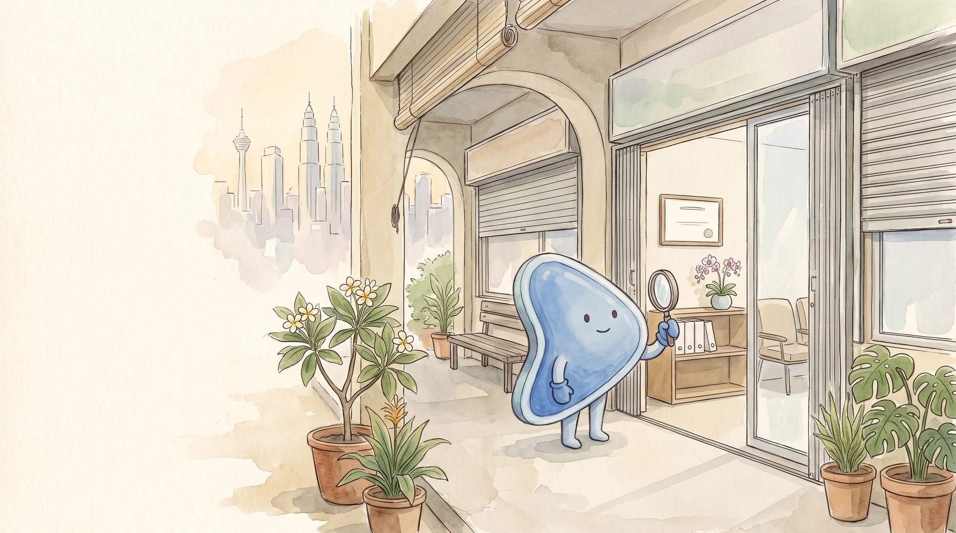 Watercolour illustration: EasyFound's blue mascot, Arrow, stands holding a magnifying glass at the open door of a small Kuala Lumpur clinic, with a blank framed certificate on the wall inside, while the shutters of the shopfronts on either side stay half down and the city's towers rise in the distance.