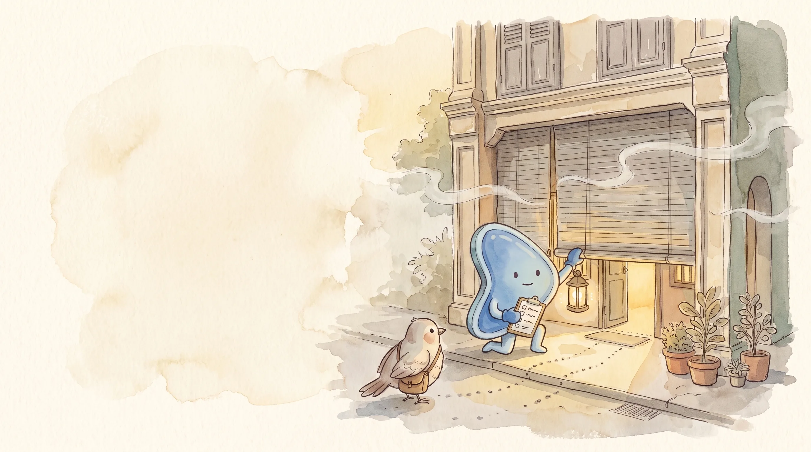 Watercolour illustration: EasyFound's blue mascot, Arrow, lifts the half-closed shutter of a small Malaysian shophouse with a lantern and a checklist, while a small messenger bird with a satchel waits outside to carry a page away.