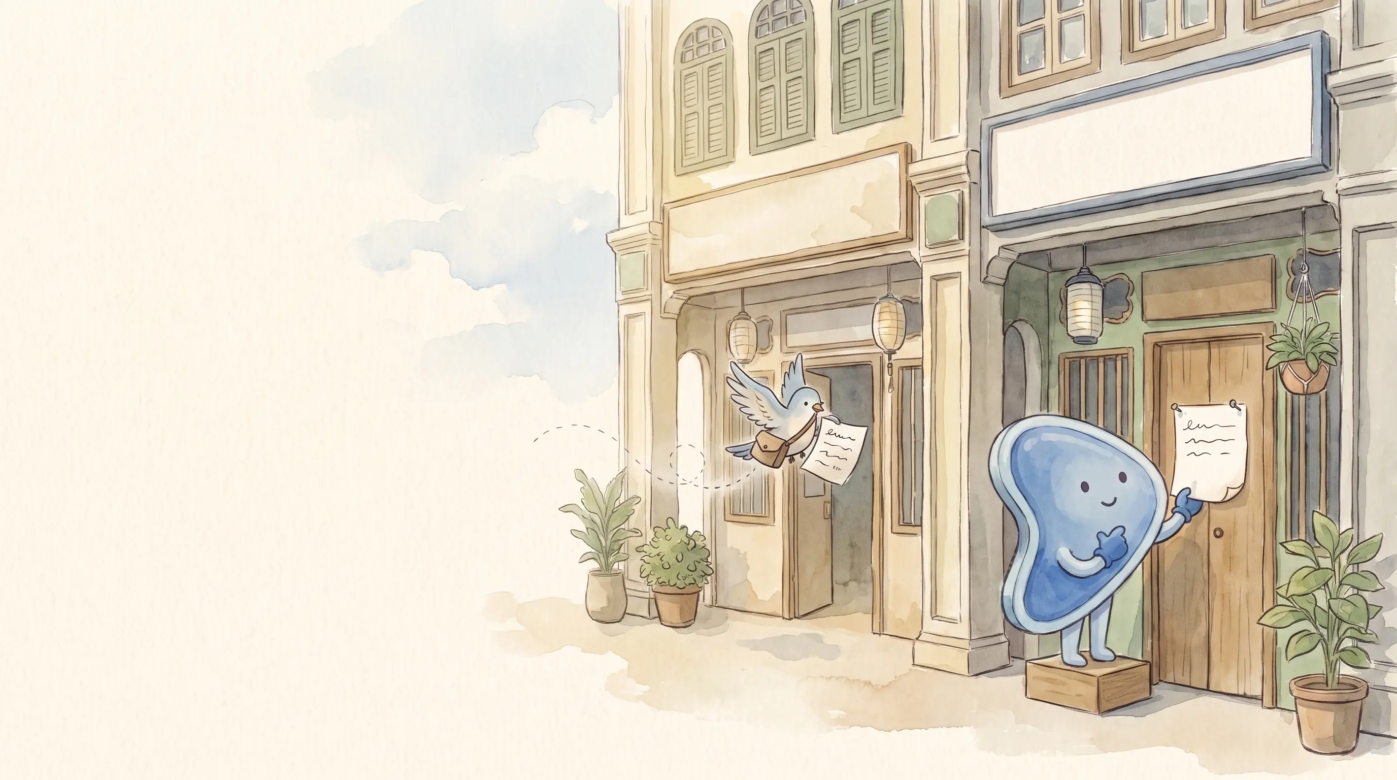 Watercolour illustration: a messenger bird flies off with a page from one Malaysian shophouse while EasyFound's blue mascot, Arrow, pins a fresh page on the door of the shop next door.