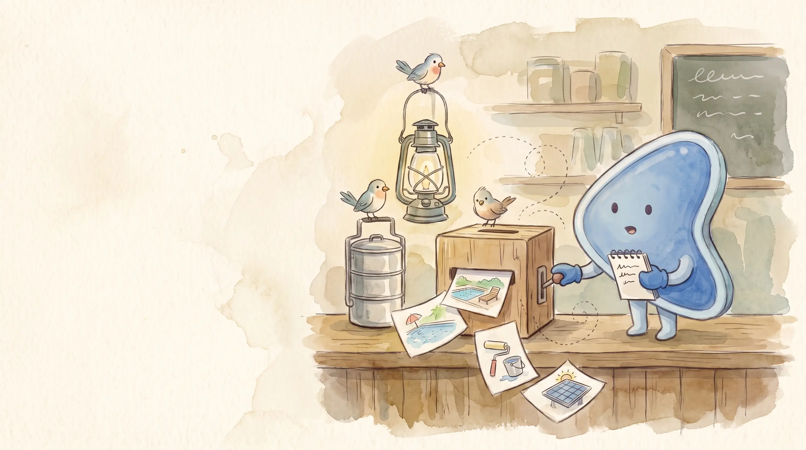 Watercolour illustration: EasyFound's blue mascot, Arrow, pulls the lever of a wooden lucky-draw box on a kopitiam counter as cards showing a pool, a paint roller and a solar roof tumble out, and tallies them in a notebook.