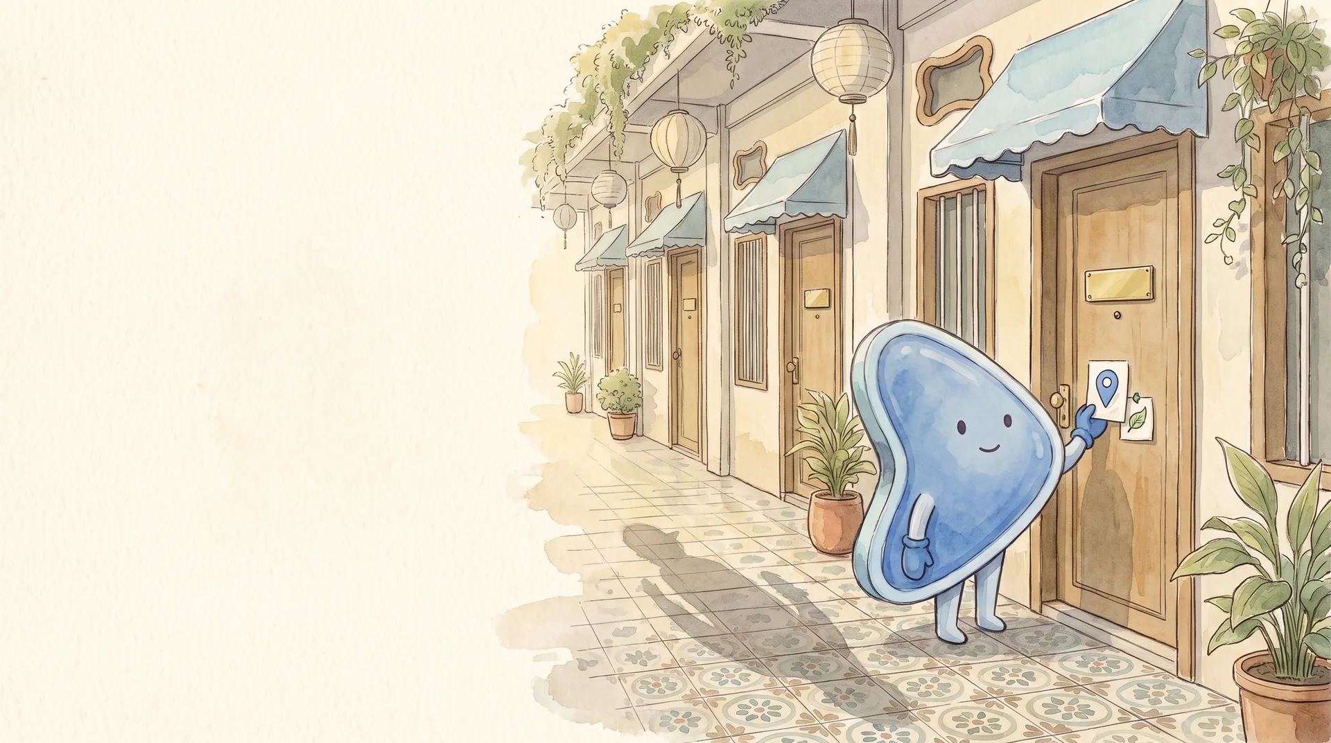 Watercolour illustration: EasyFound's blue mascot, Arrow, stands on the tiled five-foot way of a row of near-identical Malaysian shophouse doors with blank brass name plates, pinning a card with a map-pin doodle beside one door so it stands out from the rest.