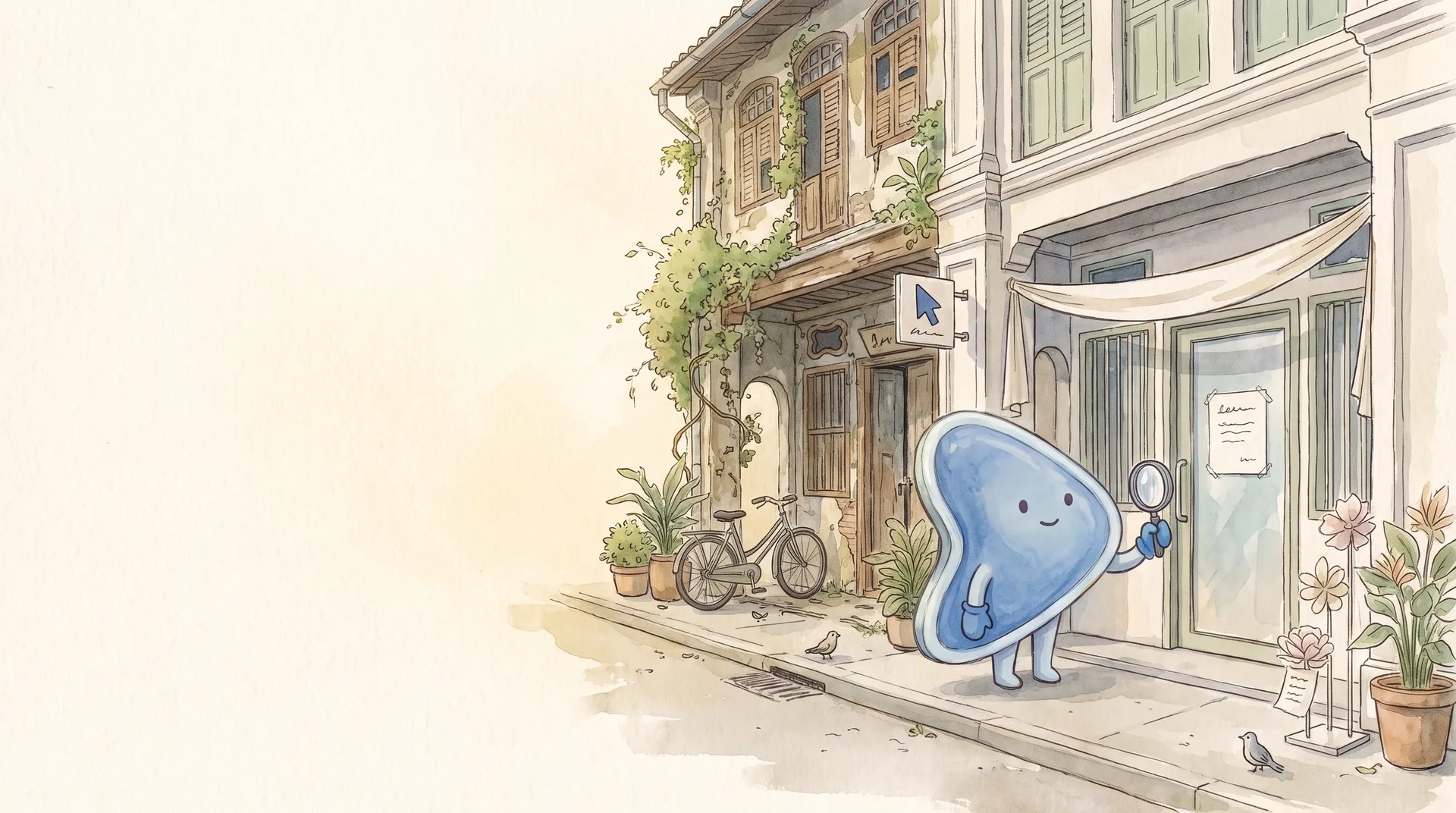 Watercolour illustration: EasyFound's blue mascot, Arrow, stands on the five-foot way outside a newly opened Malaysian shophouse, holding a magnifying glass up to a blank notice on the glass door, next to an older shop covered in climbing plants.