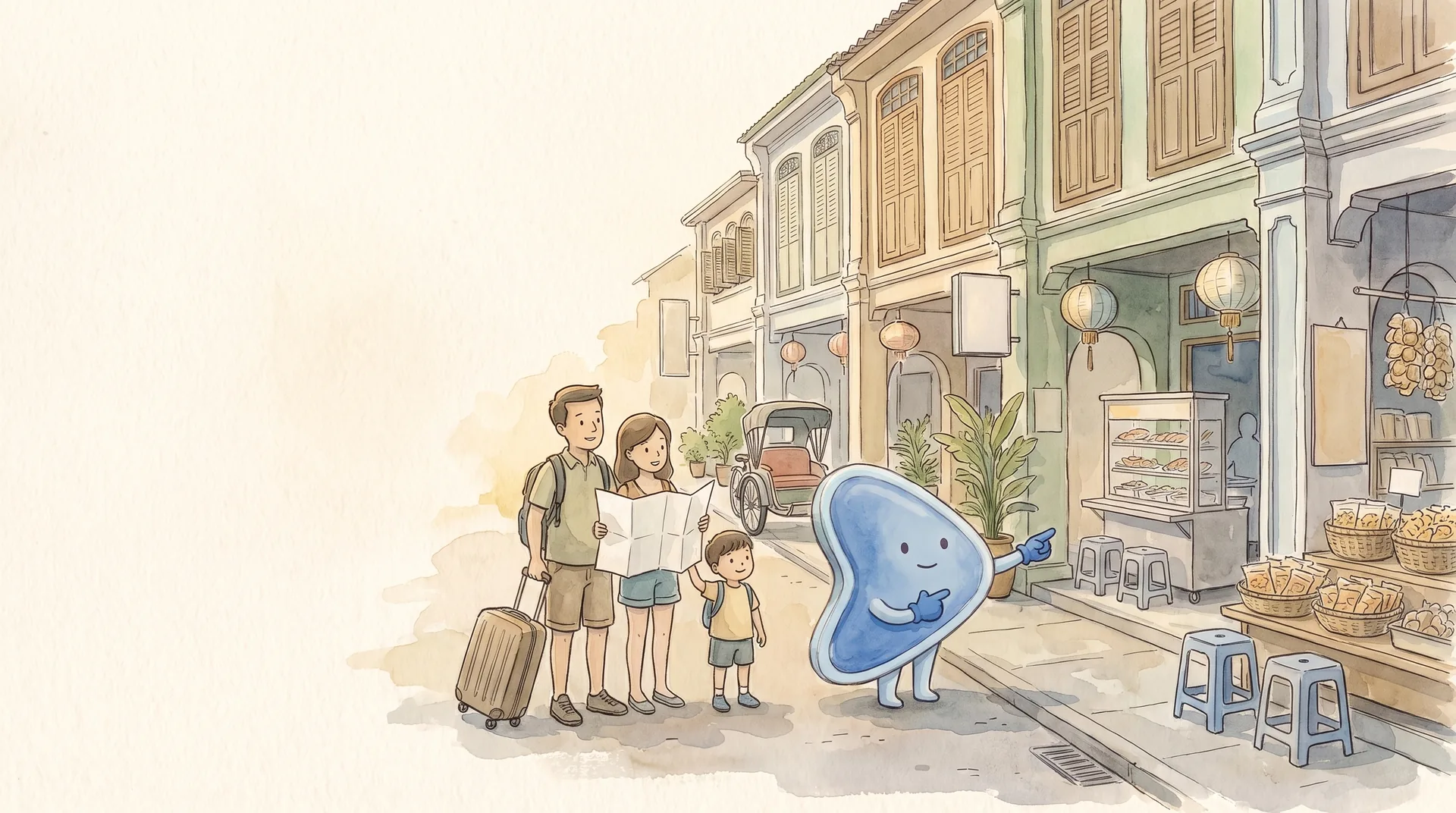 Watercolour illustration: EasyFound's blue mascot, Arrow, stands on a Penang shophouse street and points a tourist family with a suitcase and a paper map towards a small eatery with plastic stools and baskets of local snacks.