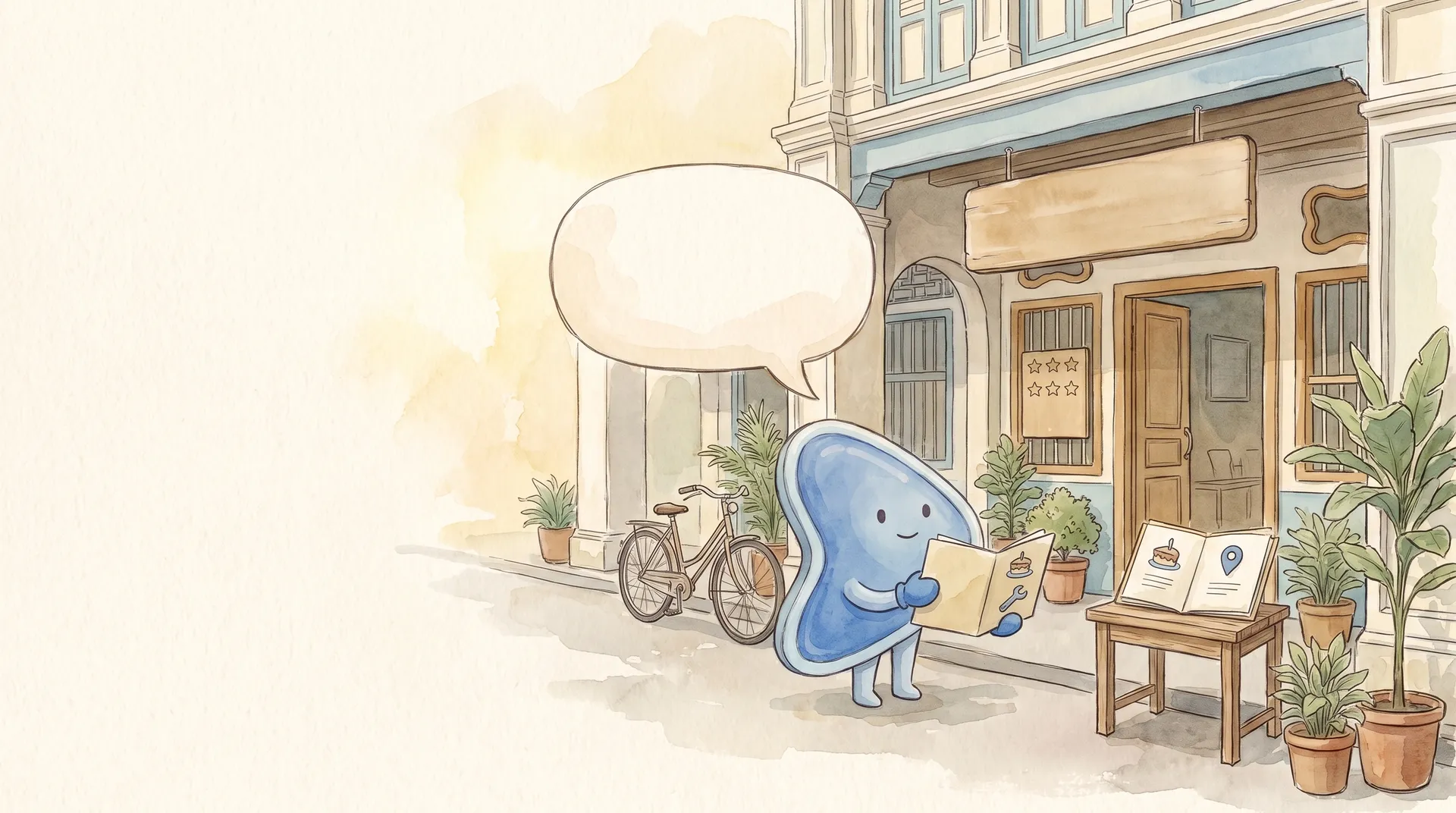 Watercolour illustration: EasyFound's blue mascot, Arrow, stands outside a newly opened Malaysian shophouse whose review board shows only unfilled stars, reading an open folder of simple drawings beneath a blank speech bubble.